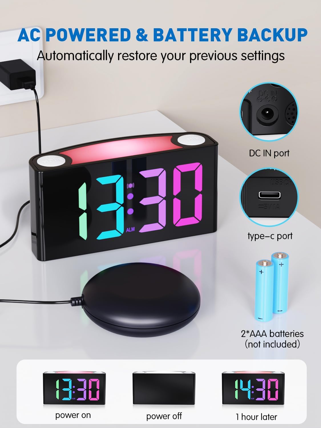 PPLEE RGB Vibrating Alarm Clock with Bed Shaker