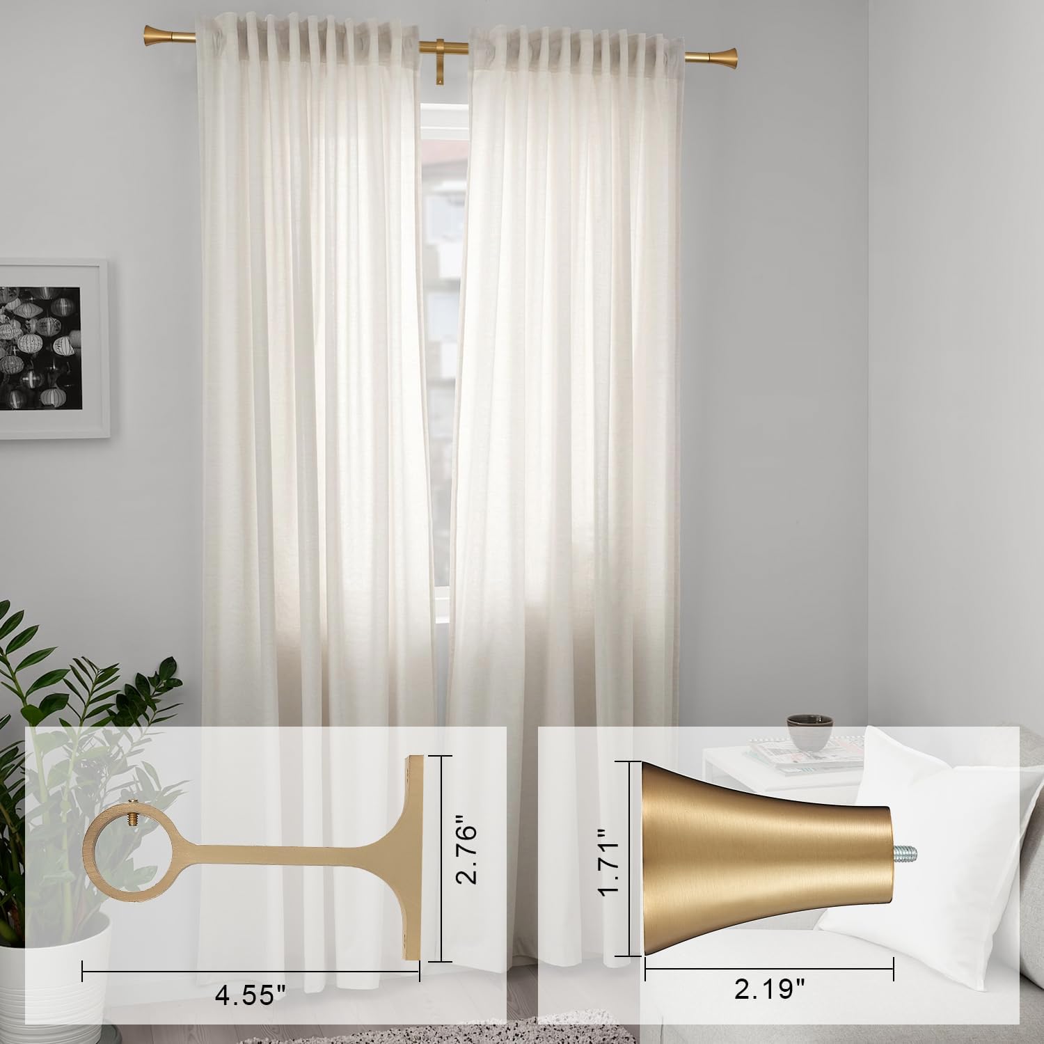 1 Inch Single Curtain Rods with Horn Finials Warm Gold