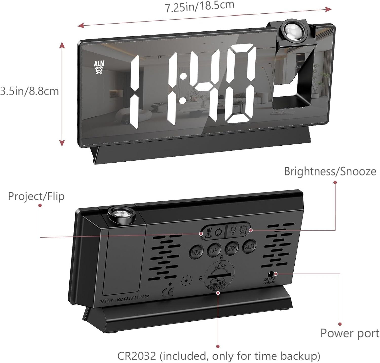 LOFICOPER 78 Inch Projection Alarm Clock with Mirror and USB Charging