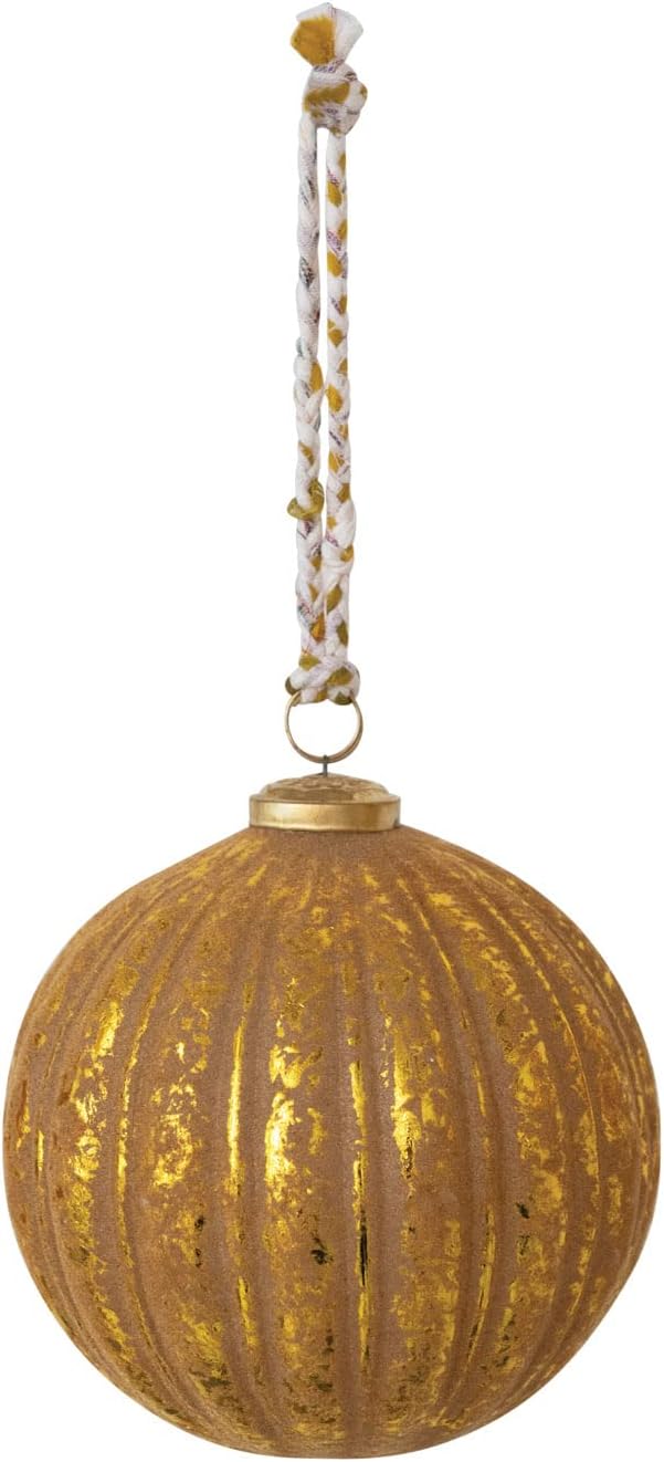 Embossed Flocked Glass Ball Ornament with Braided Sari Hanger