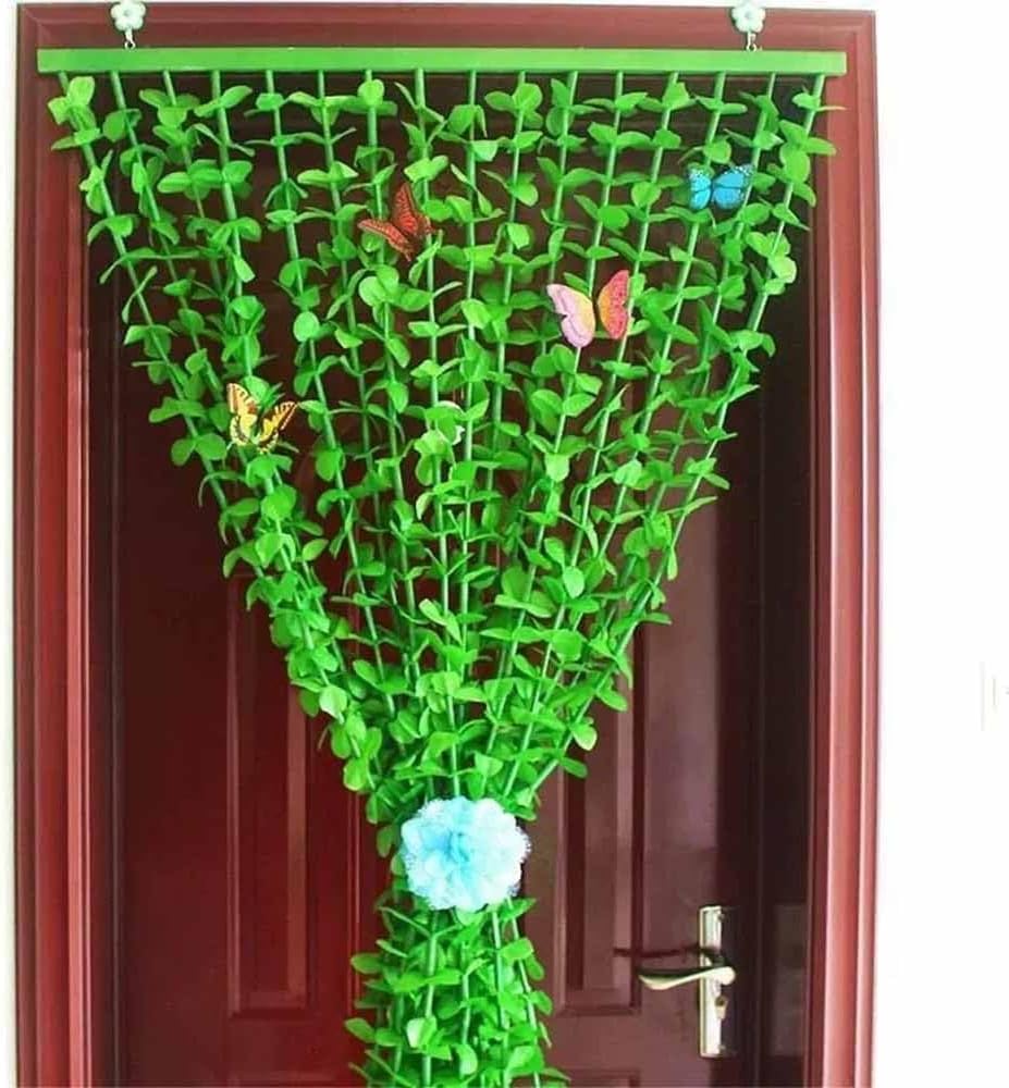 Bamboo Beaded Curtain with Green Leaf Fringe for Doors and Windows