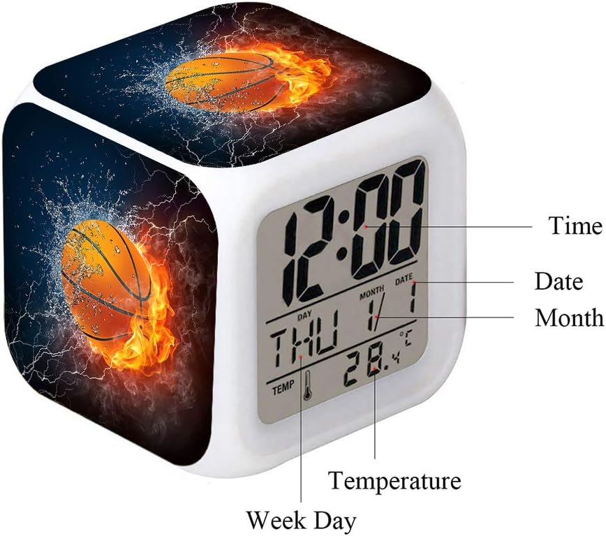 MINZEN LED Alarm Clock Basketball Fire Glowing Clock for Kids