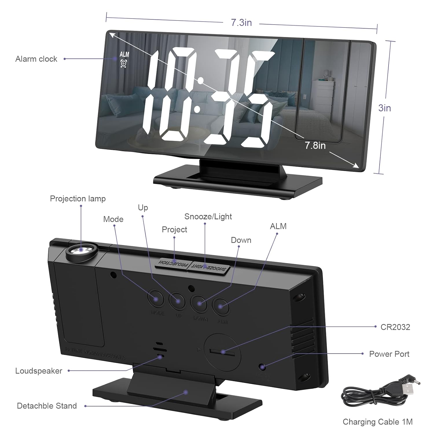 OQIMAX 78 Inch Mirror Projection Alarm Clock