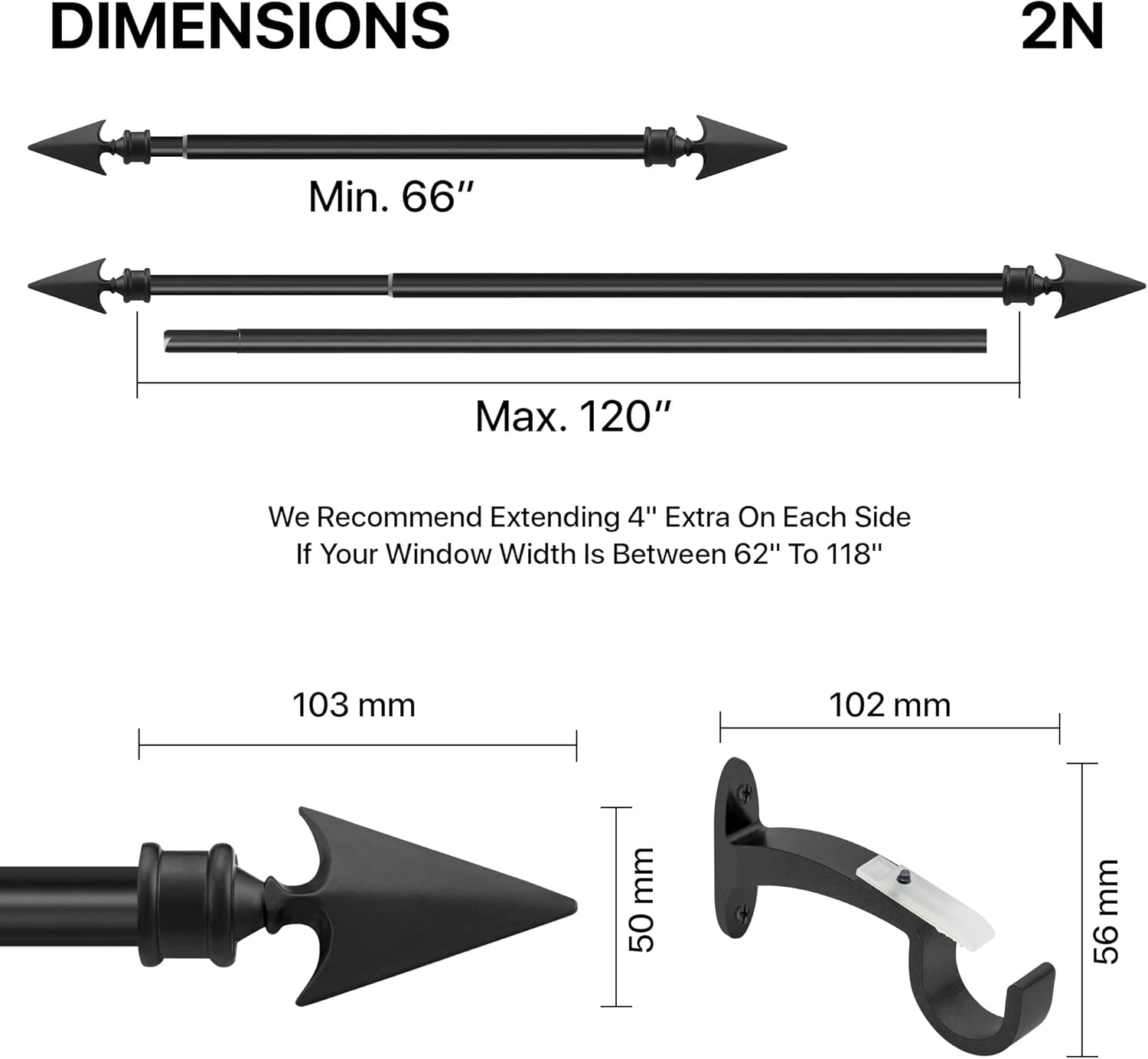 Deco Essential 2 Pack Adjustable Black Curtain Rods 66-120 Inch