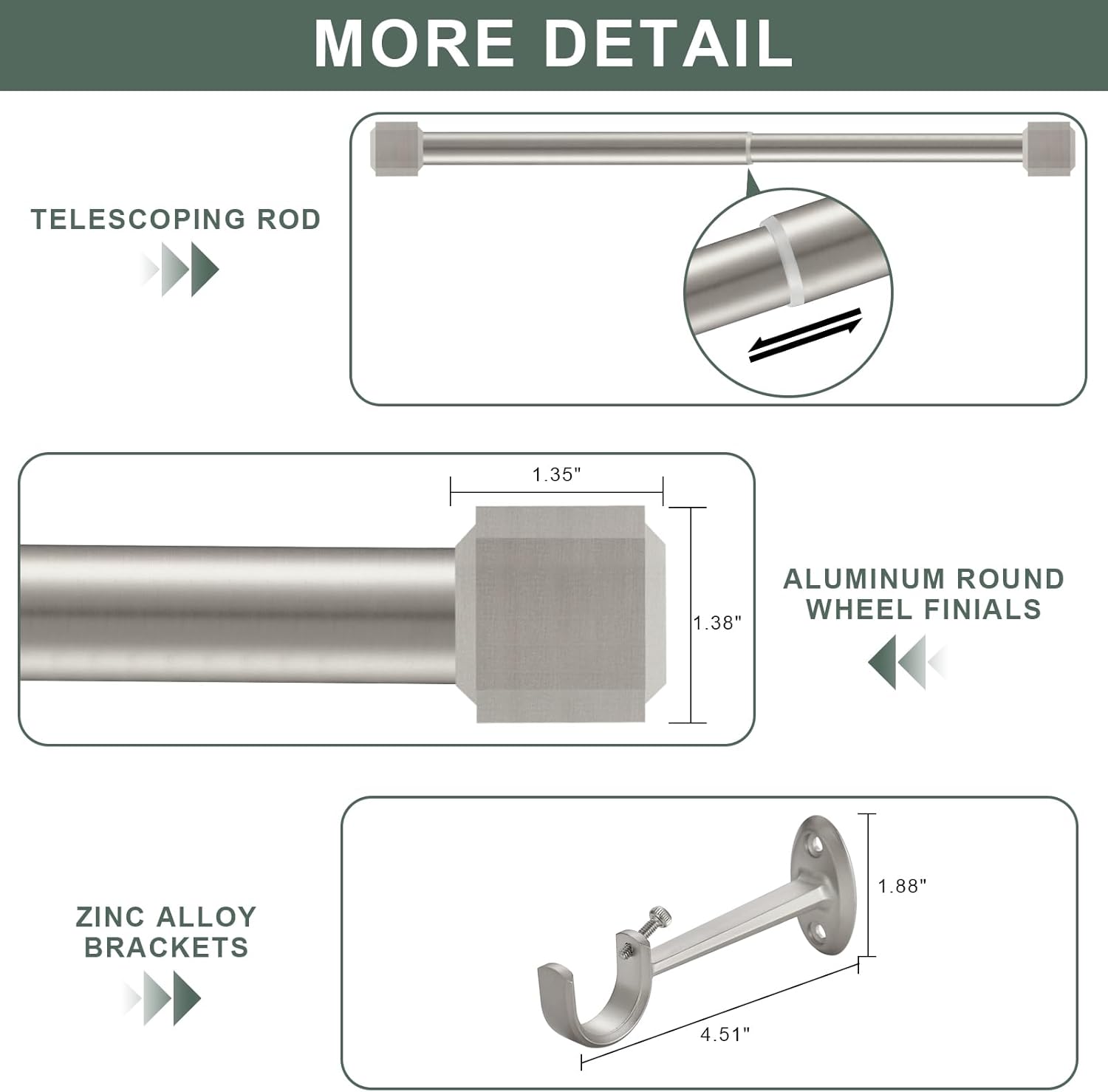 YuMierle 1 Inch Heavy Duty Single Curtain Rods 36-72 Satin Nickel