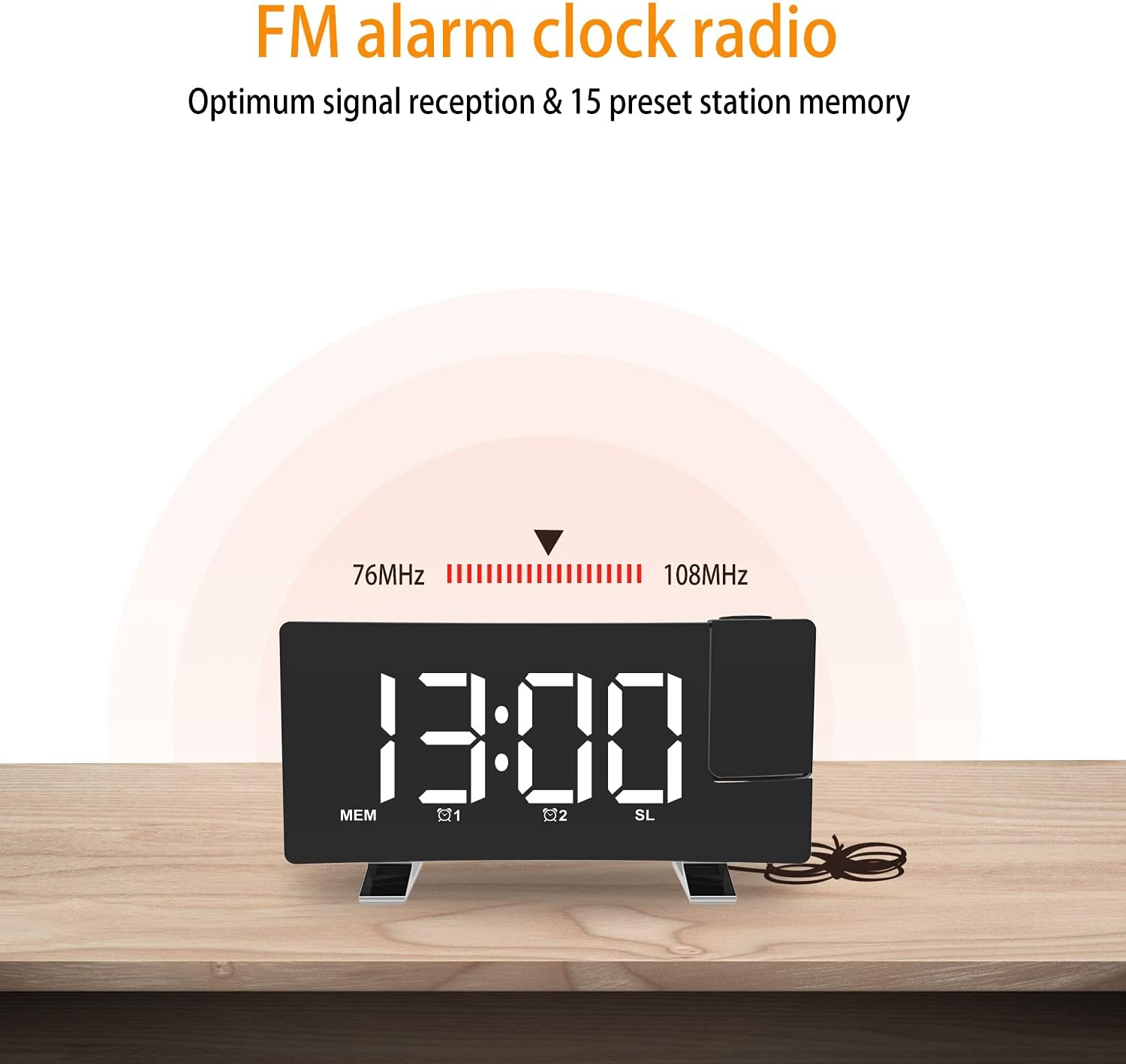 EternaHora Projection Alarm Clock with Radio and USB Charging