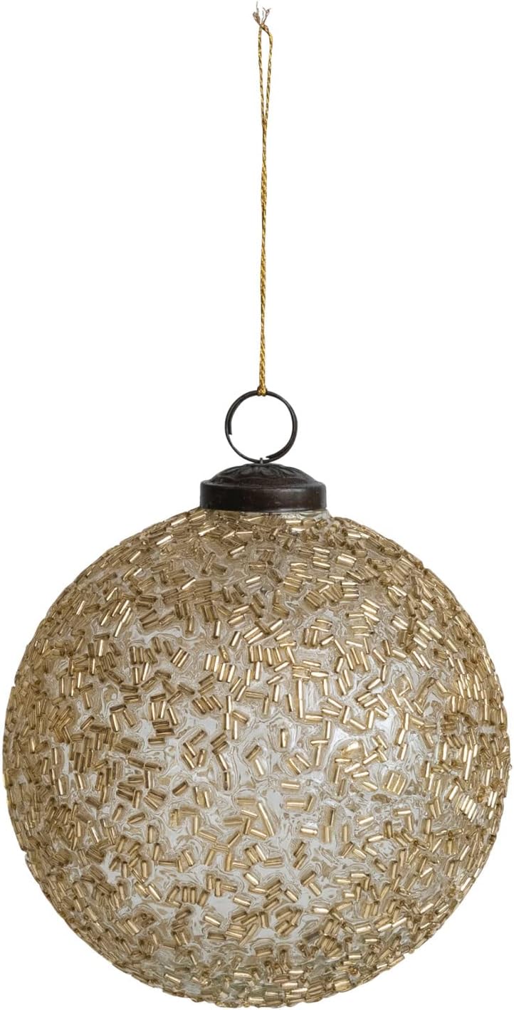 Creative Co Op 5 Inch Round Glass Ball Ornament with Beads in Gold