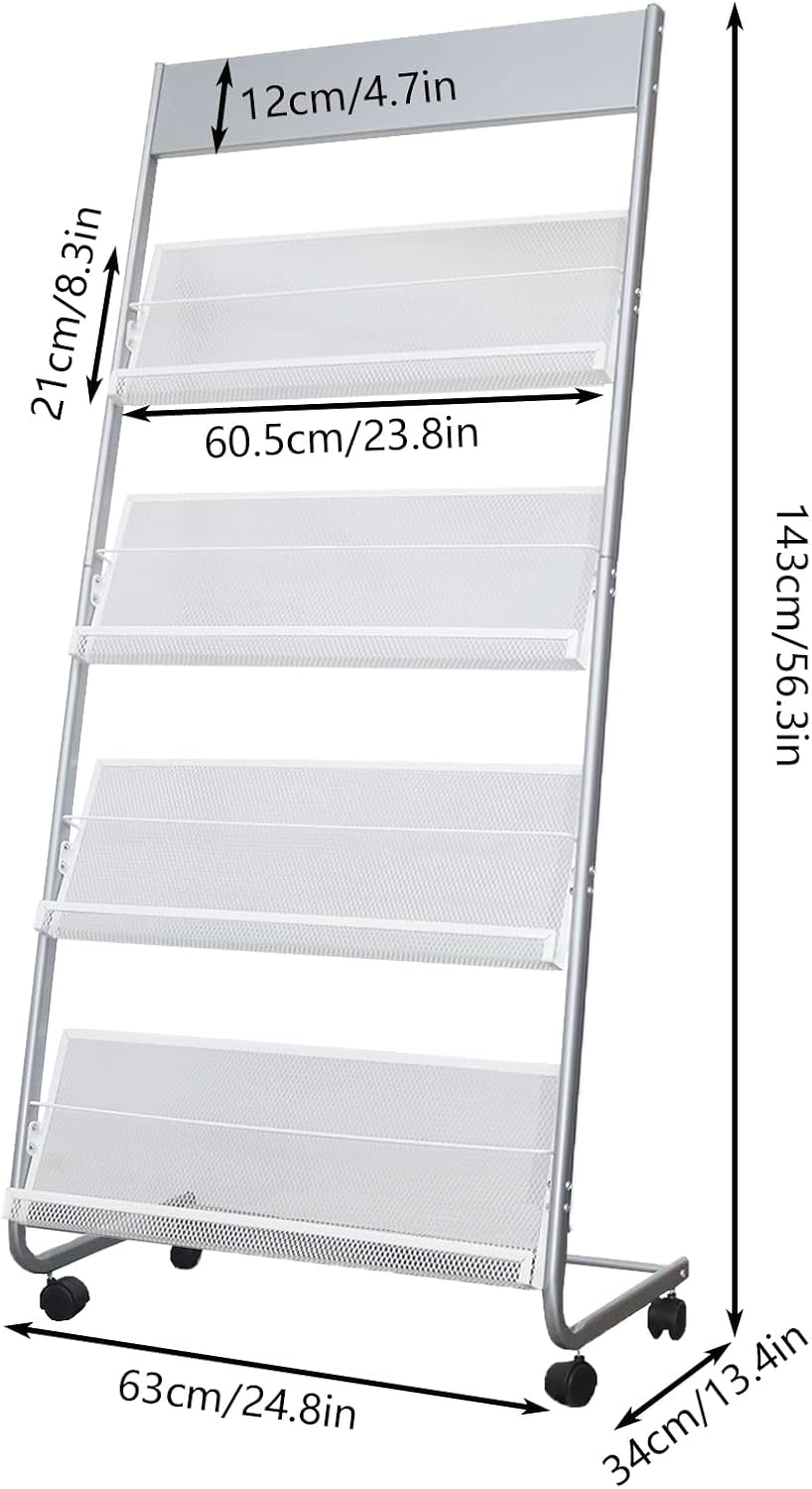 4-Layer Iron Magazine Rack with Wheels Silver