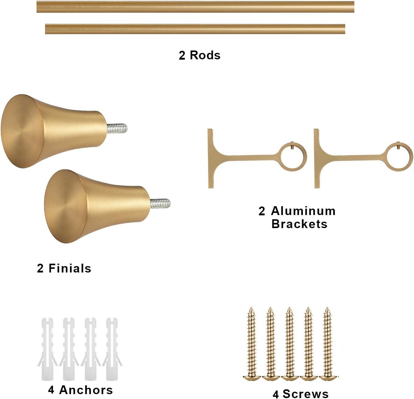 1 Inch Single Curtain Rods with Horn Finials Warm Gold