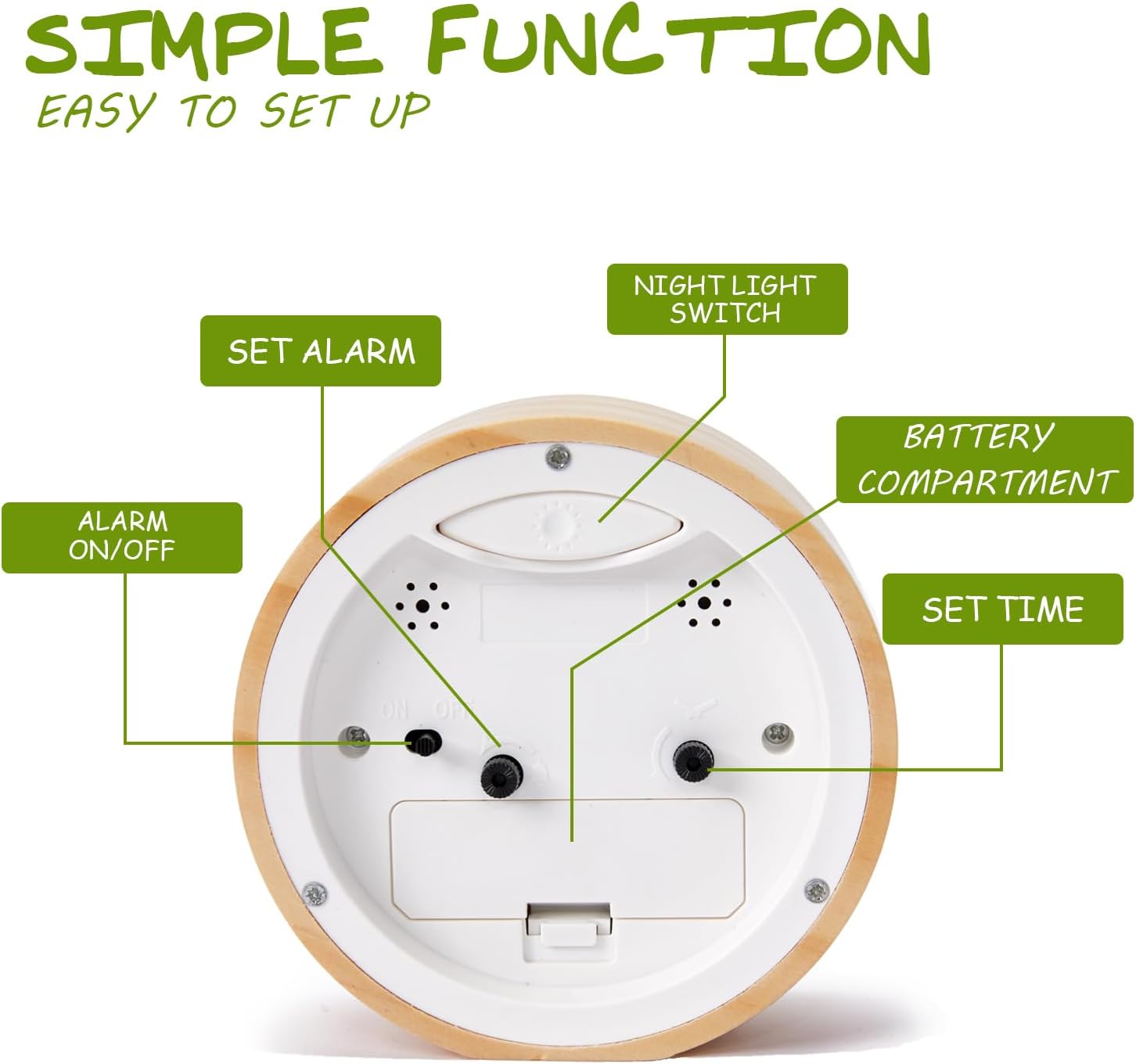 Kyvita Silent Non-Ticking Wooden Analog Alarm Clock with Nightlight