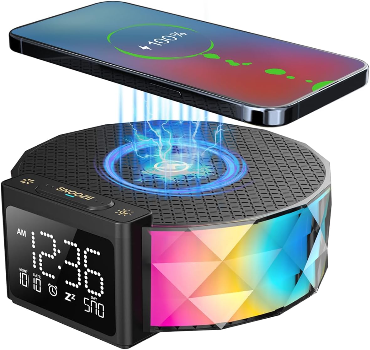 Wireless Charging Alarm Clock with RGB Nightlight and Speaker