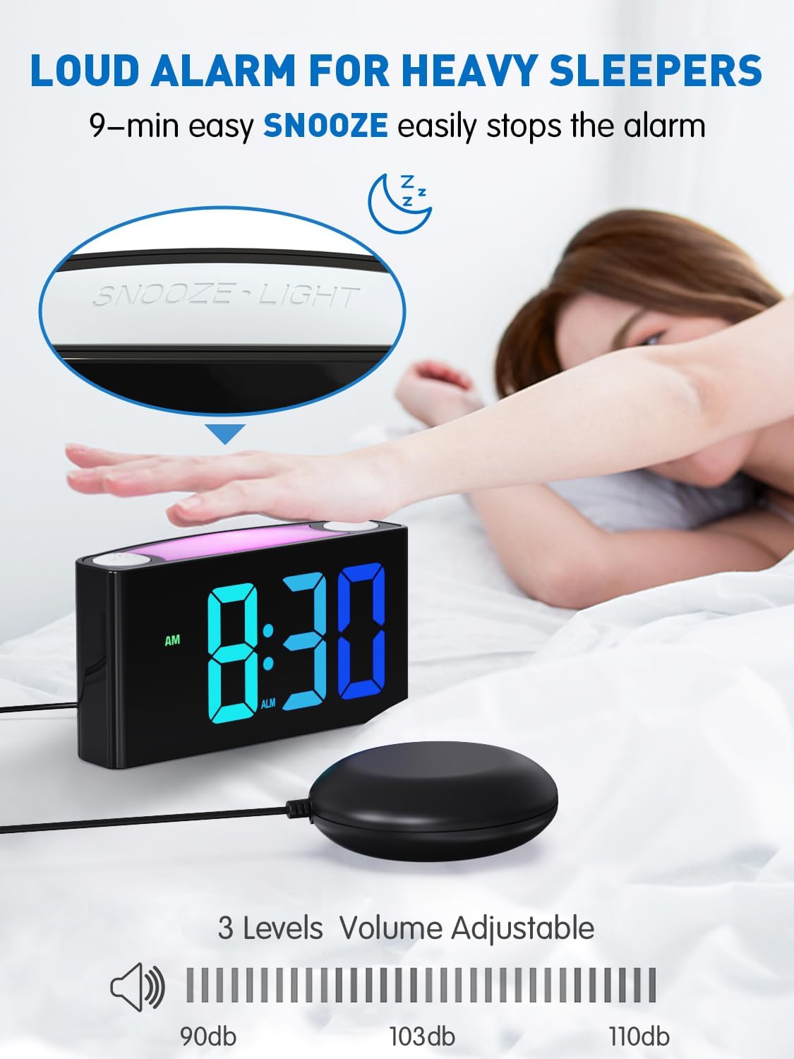 PPLEE RGB Vibrating Alarm Clock with Bed Shaker
