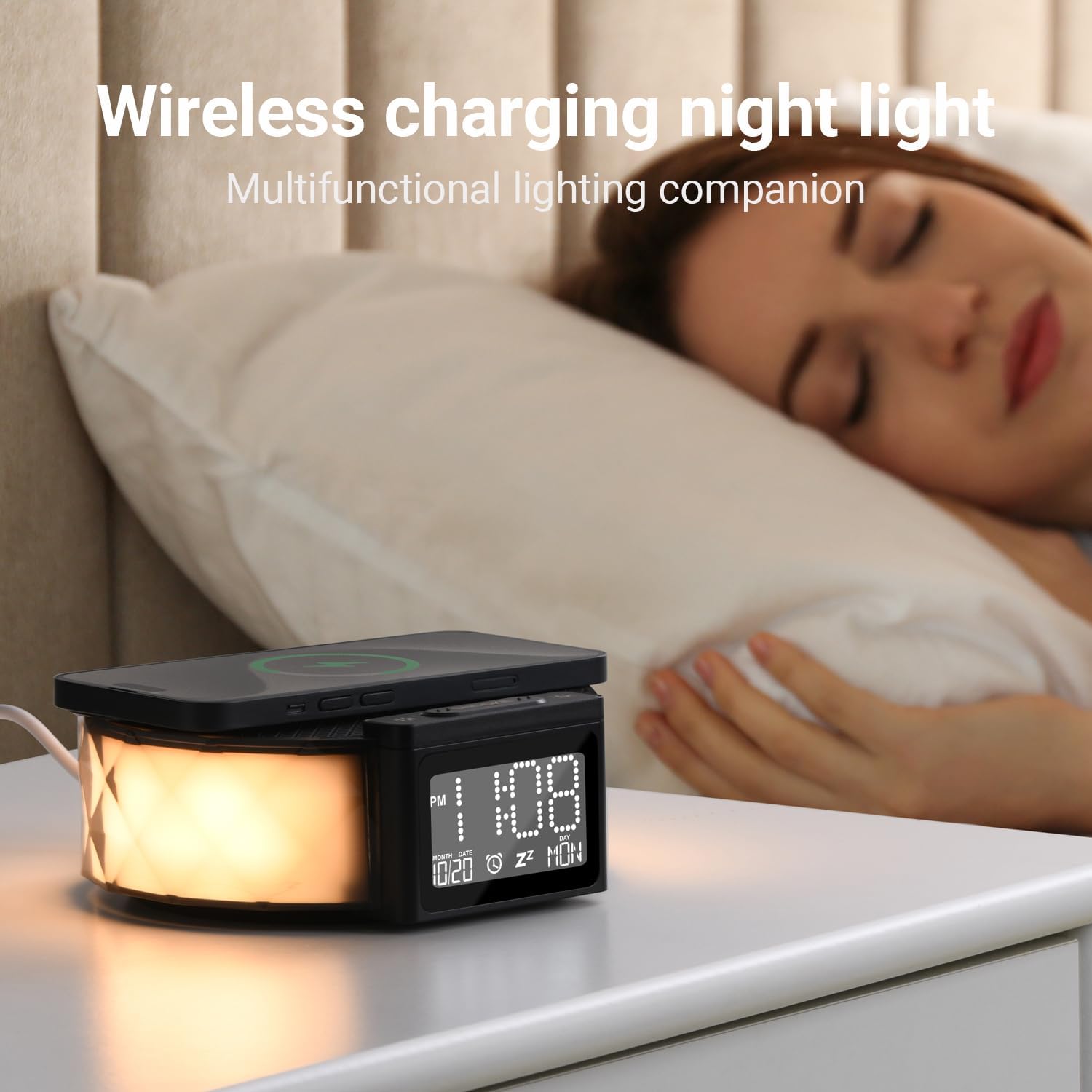 Wireless Charging Alarm Clock with RGB Nightlight and Speaker