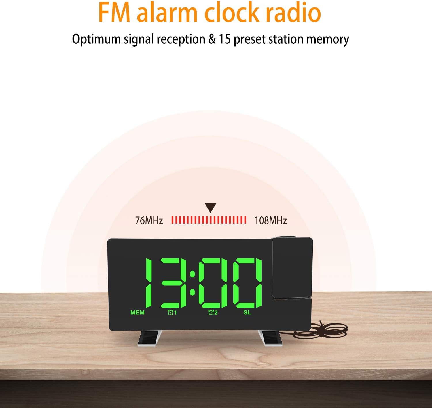 ThreeH Projection Alarm Clock with USB Charger and 2 Alarm Snooze Function
