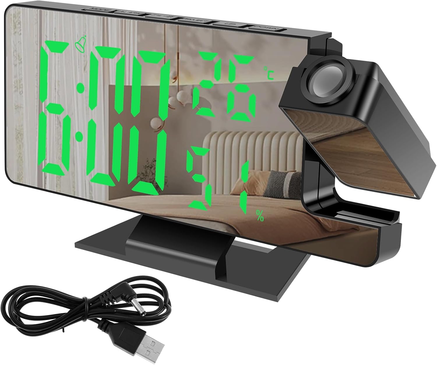 Projection Alarm Clock with Rotatable Projector and Dimmable Mirror