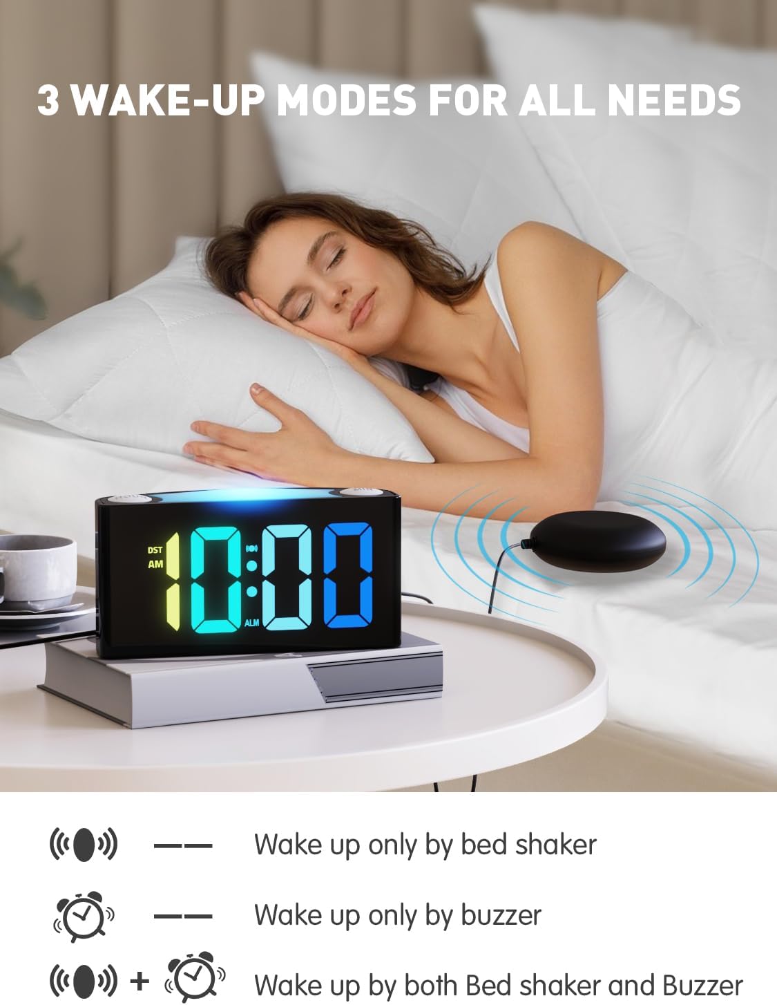 PPLEE RGB Vibrating Alarm Clock with Bed Shaker
