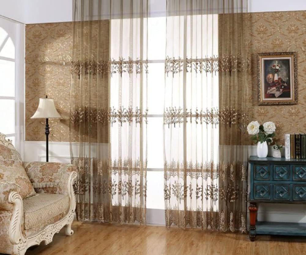 European Elegant Style Semi Sheer Curtains with Tree Leaves Embroidery