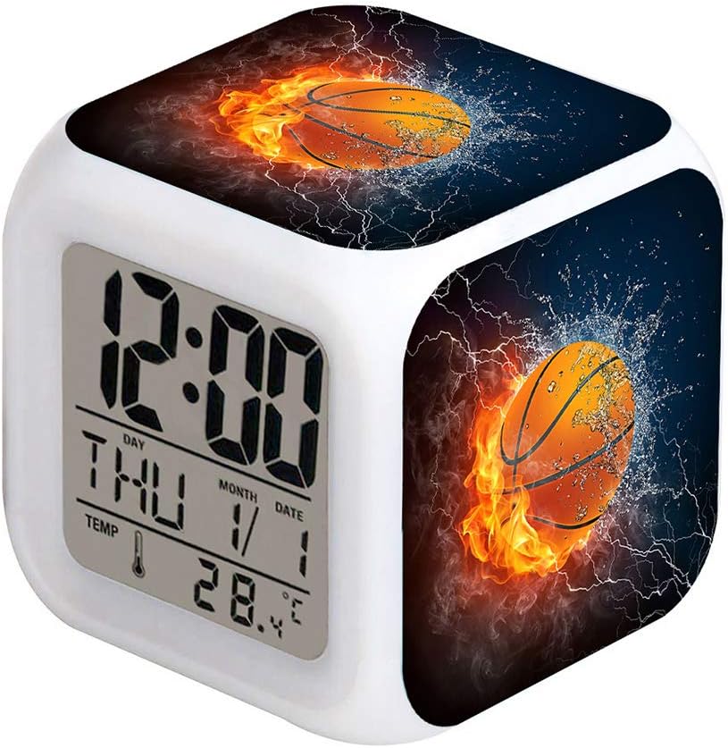 MINZEN LED Alarm Clock Basketball Fire Glowing Clock for Kids