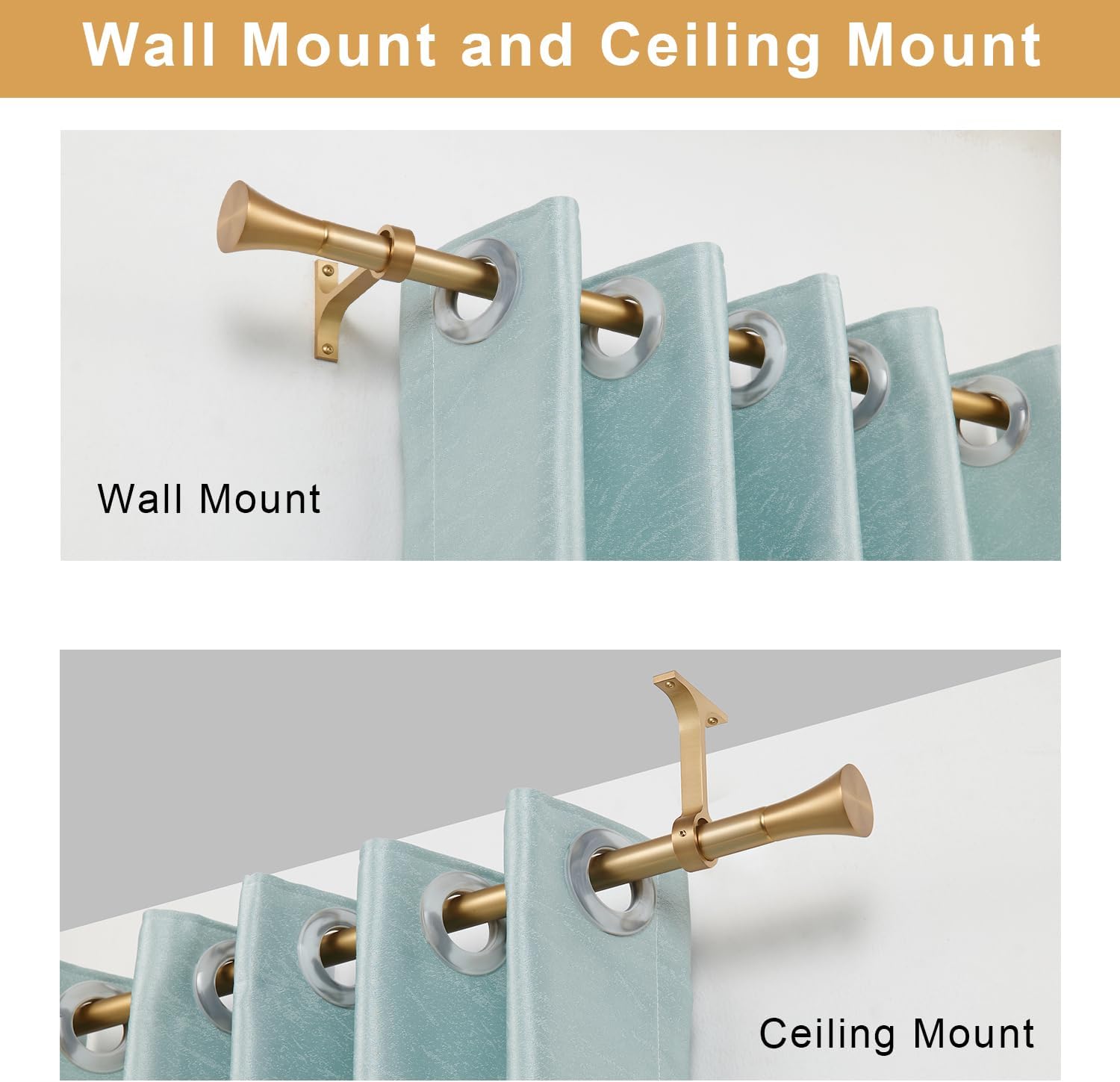 1 Inch Single Curtain Rods with Horn Finials Warm Gold