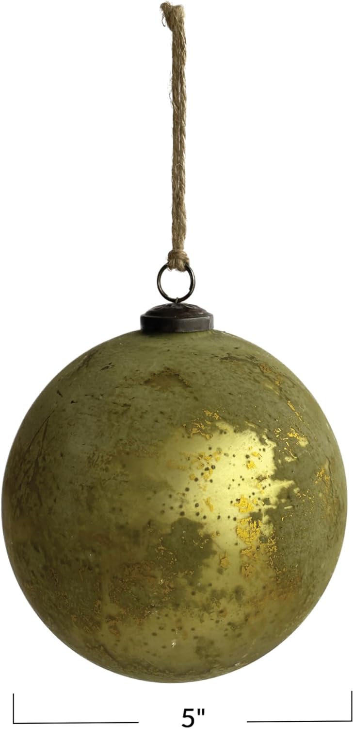 Creative Co Op Distressed Glass Ball Ornament Olive Green Gold