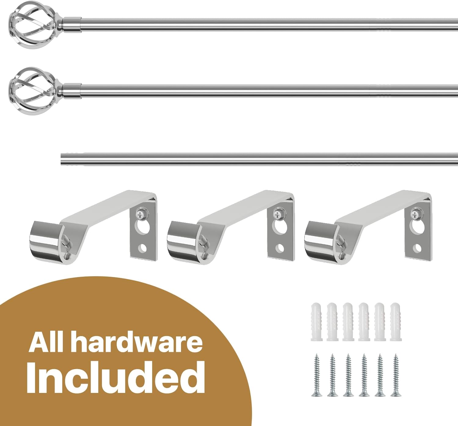 Silver Curtain Rods 48-88 Inch with Twisted Cage Finials