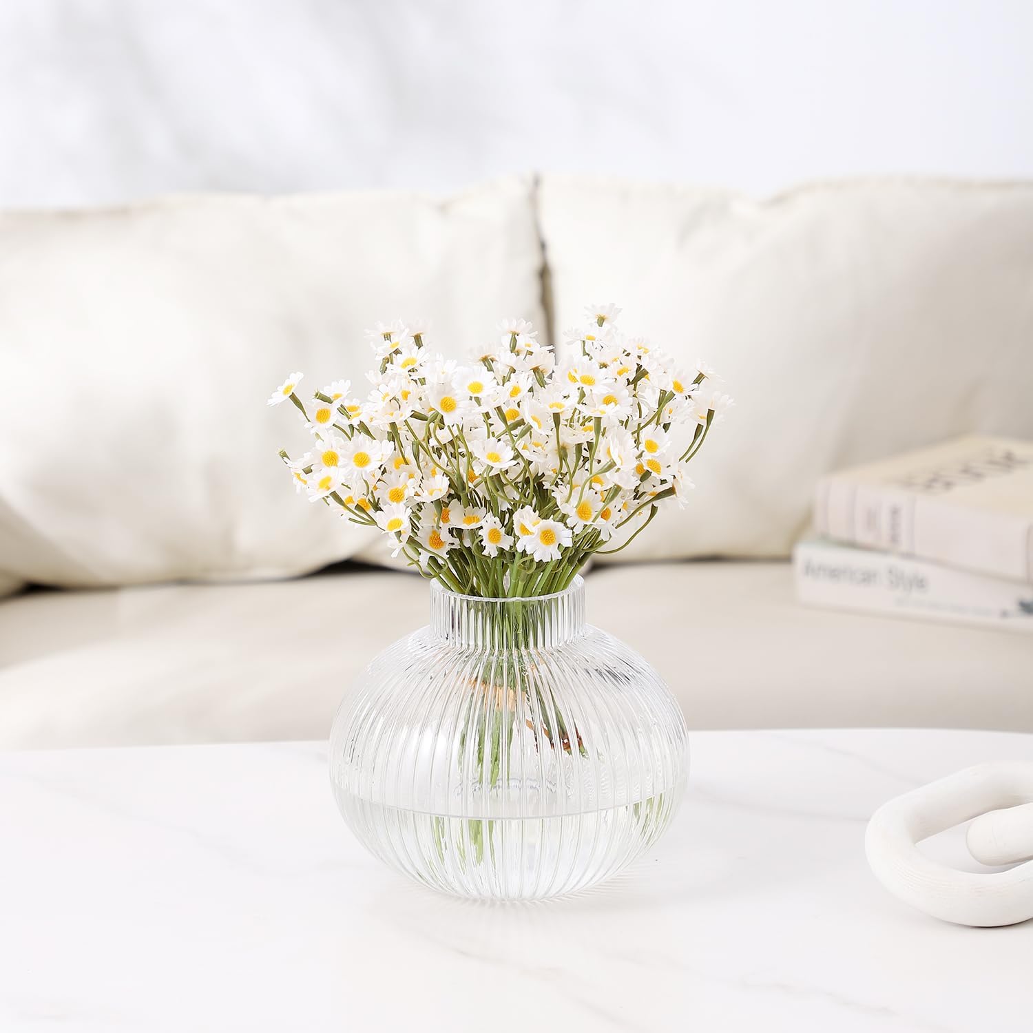 YANWE1 Round Ribbed Glass Vase 6 Inches