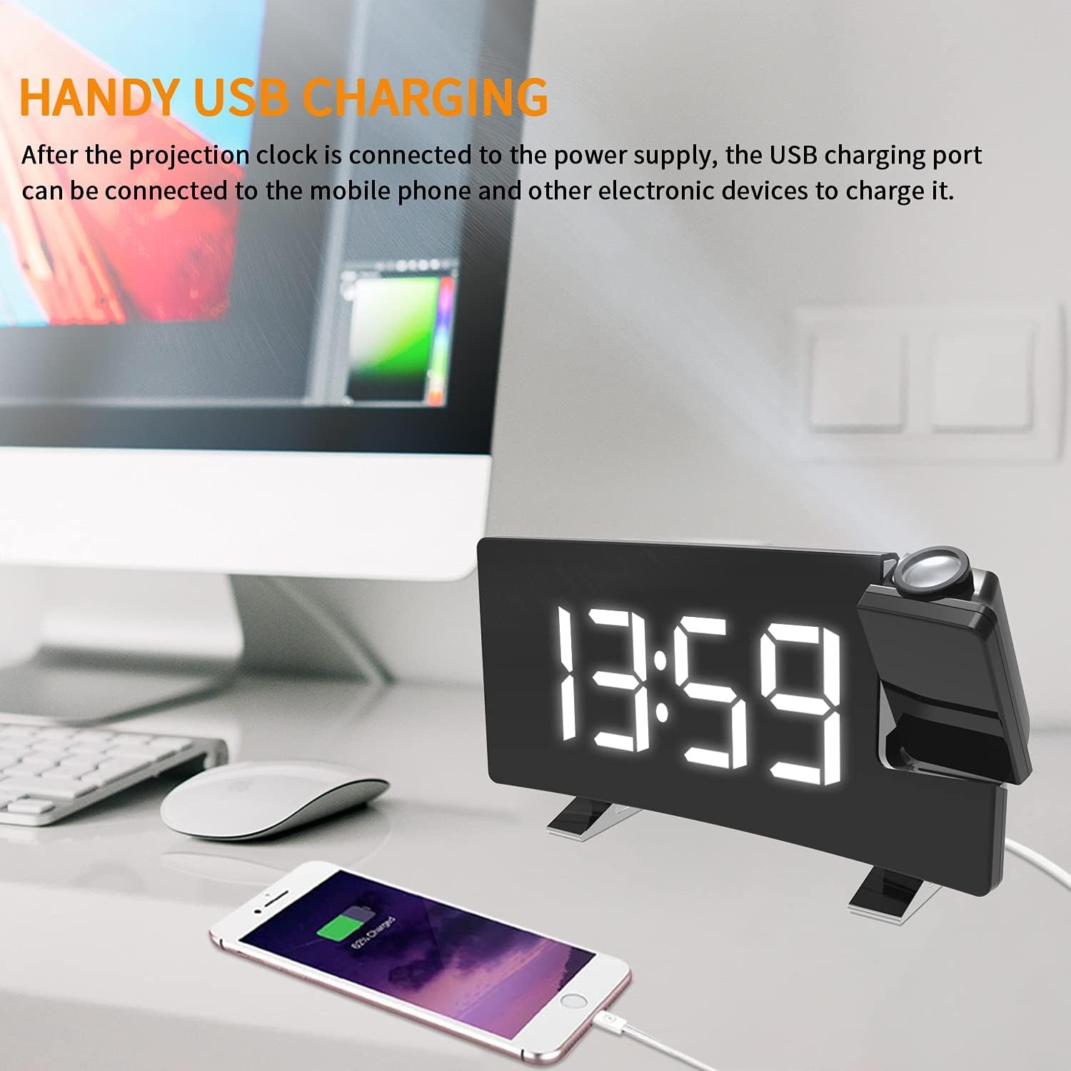 EternaHora Projection Alarm Clock with Radio and USB Charging