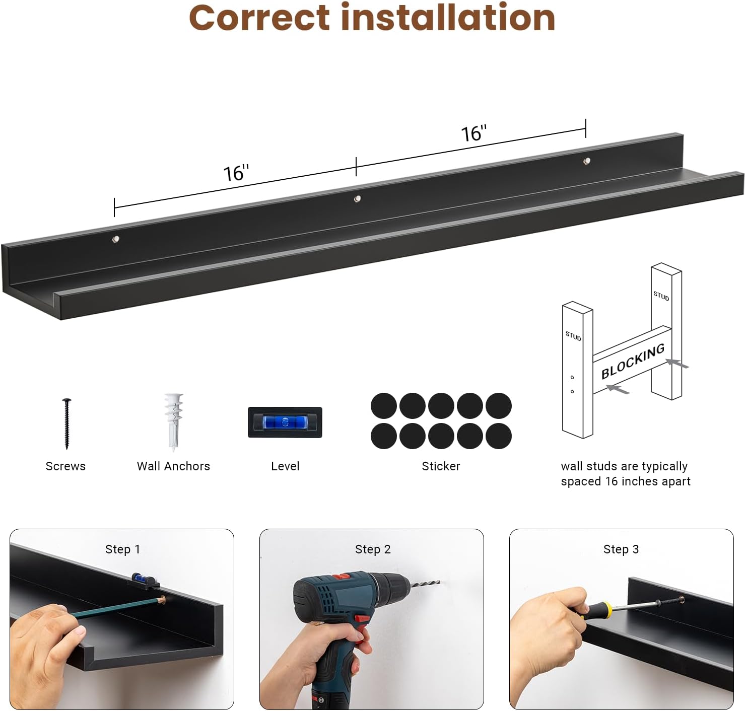 48 Inch Floating Shelf Set of 3 with Lip Black