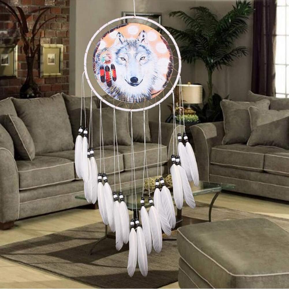Wolf Dream Catcher Handmade White Feather Decor