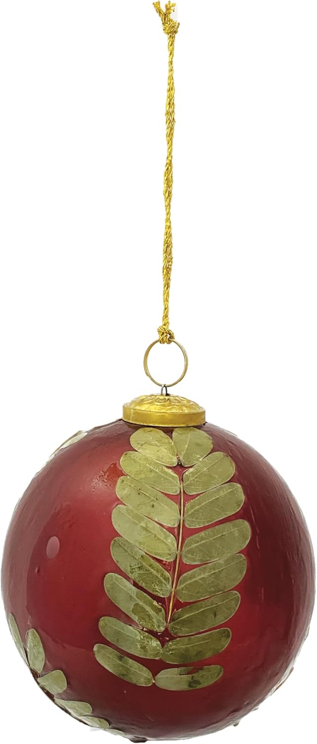 Creative Co Op Large Round Glass Ornament with Eucalyptus Leaves Red Gold