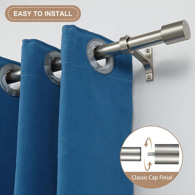 Brushed Nickel Curtain Rods 28-48 Inch Single Adjustable Rods with Cap Finials