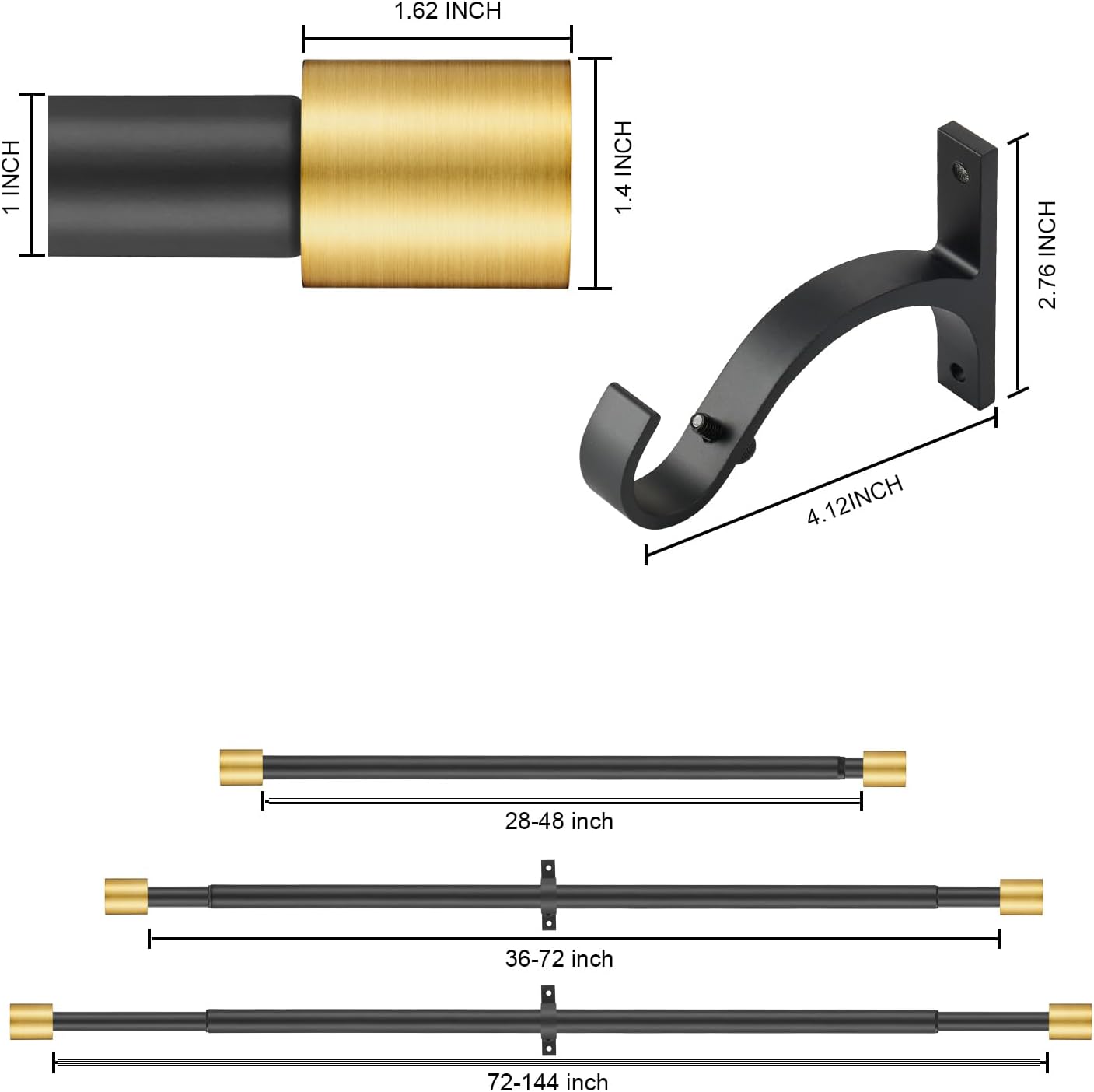 Vimayta Modern Window Curtain Rod 72-144 Inch Brushed Gold Ends