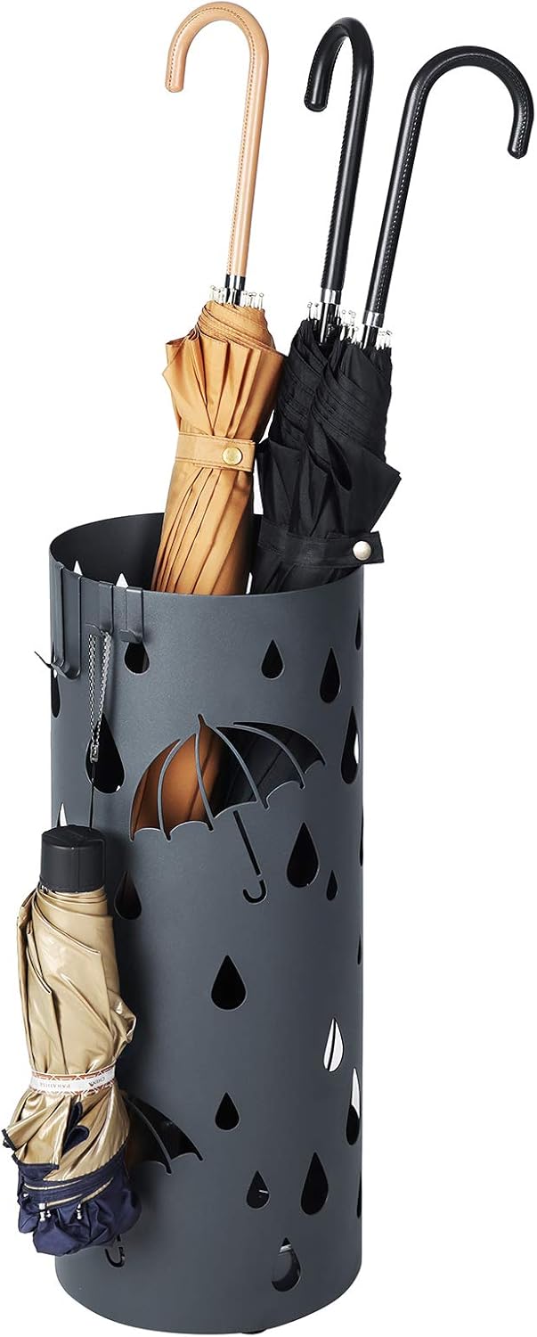 SONGMICS Metal Umbrella Stand with 4 Hooks and Water Tray