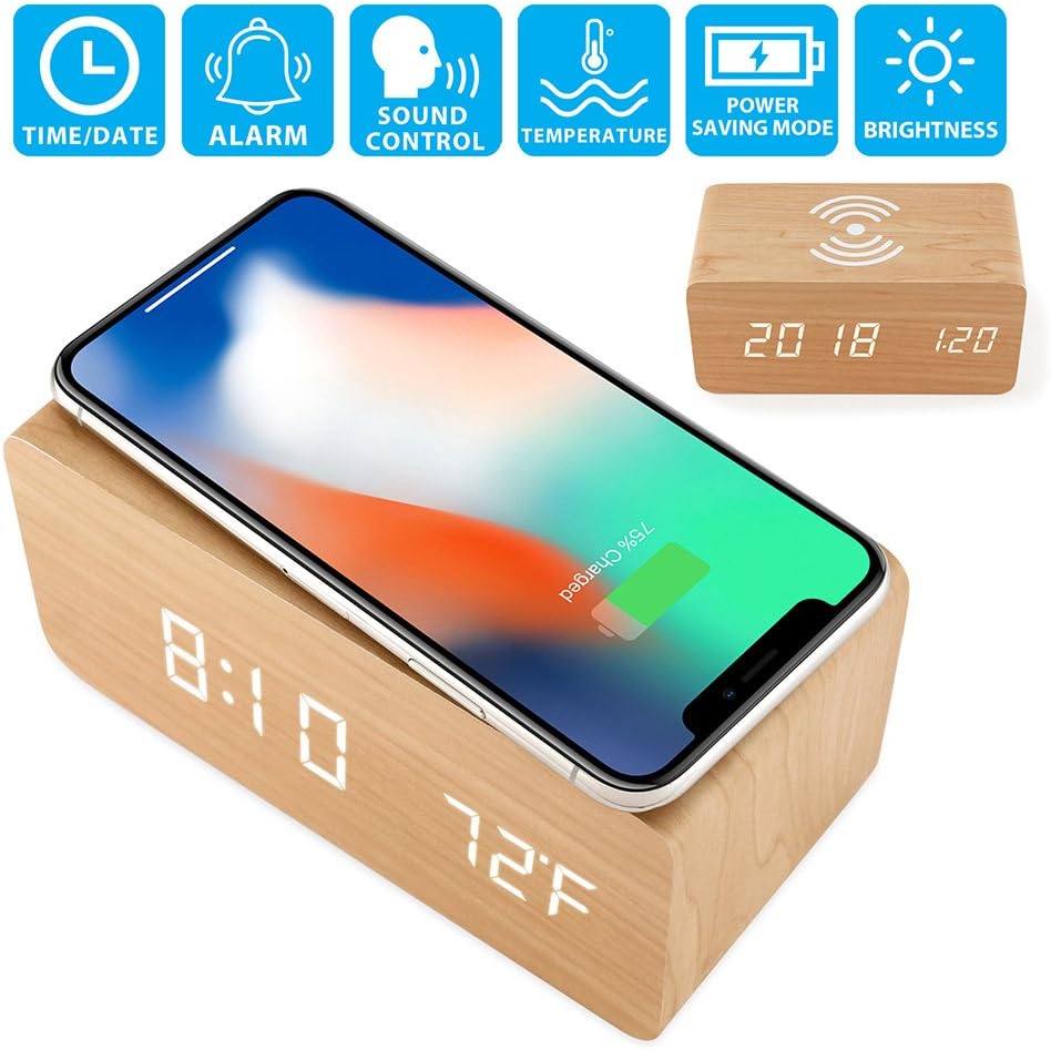 OCT17 Wood Alarm Clock with Qi Wireless Charging