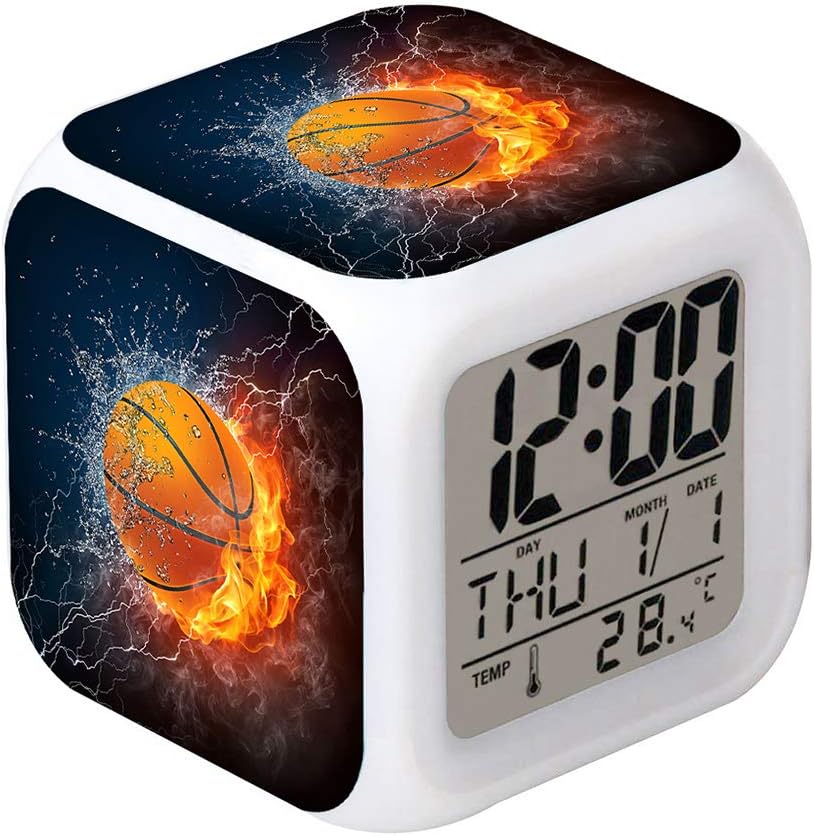 MINZEN LED Alarm Clock Basketball Fire Glowing Clock for Kids
