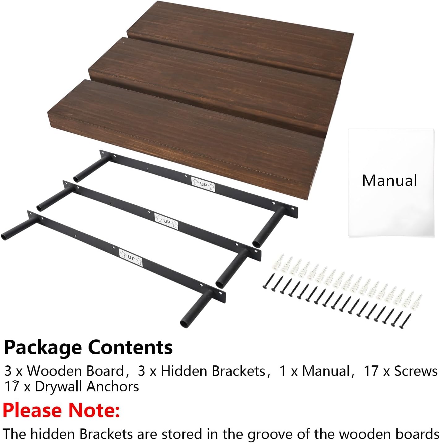 Wood Floating Shelves Set of 3 - Rustic Walnut Wall Mount