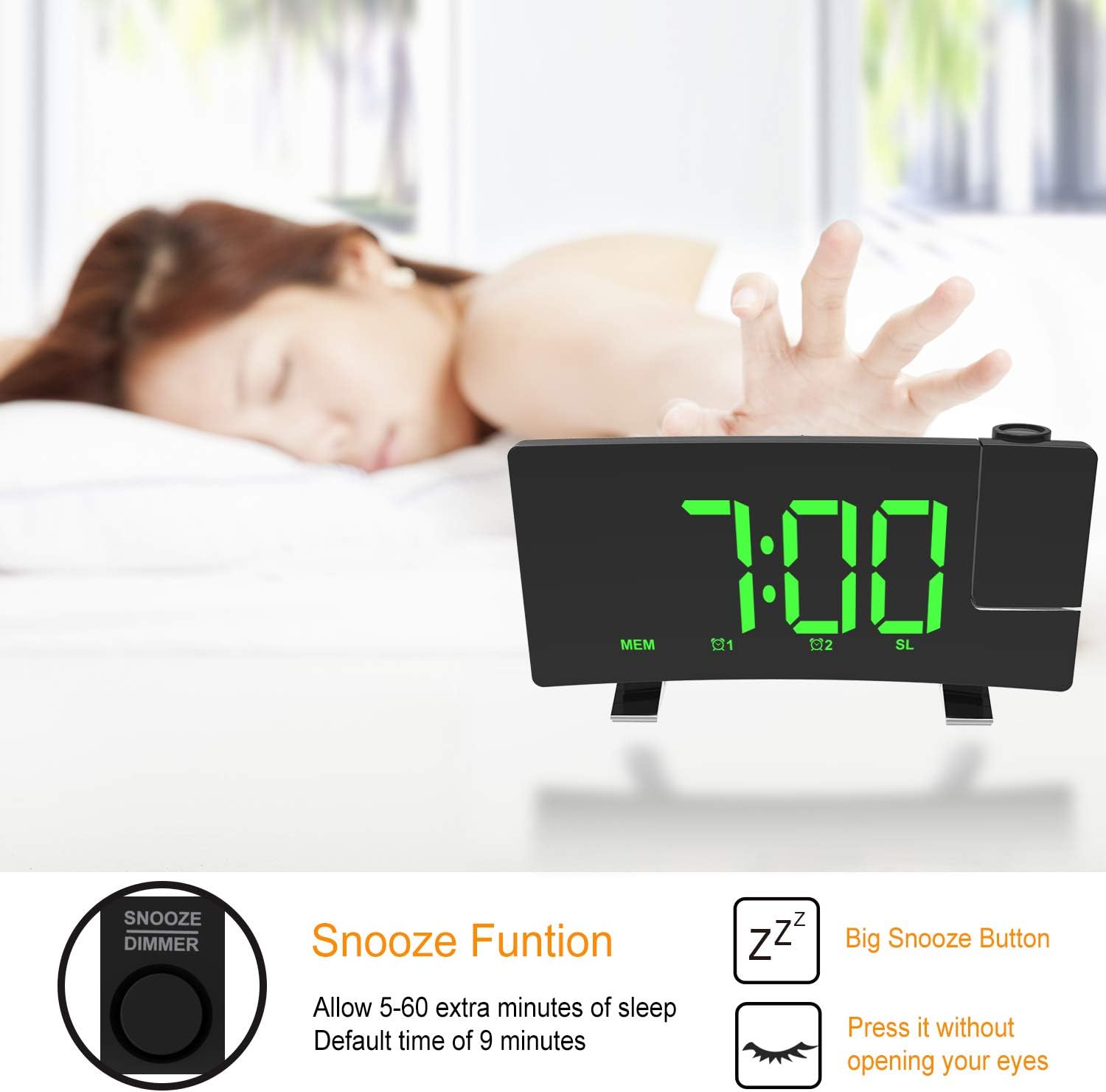 ThreeH Projection Alarm Clock with USB Charger and 2 Alarm Snooze Function