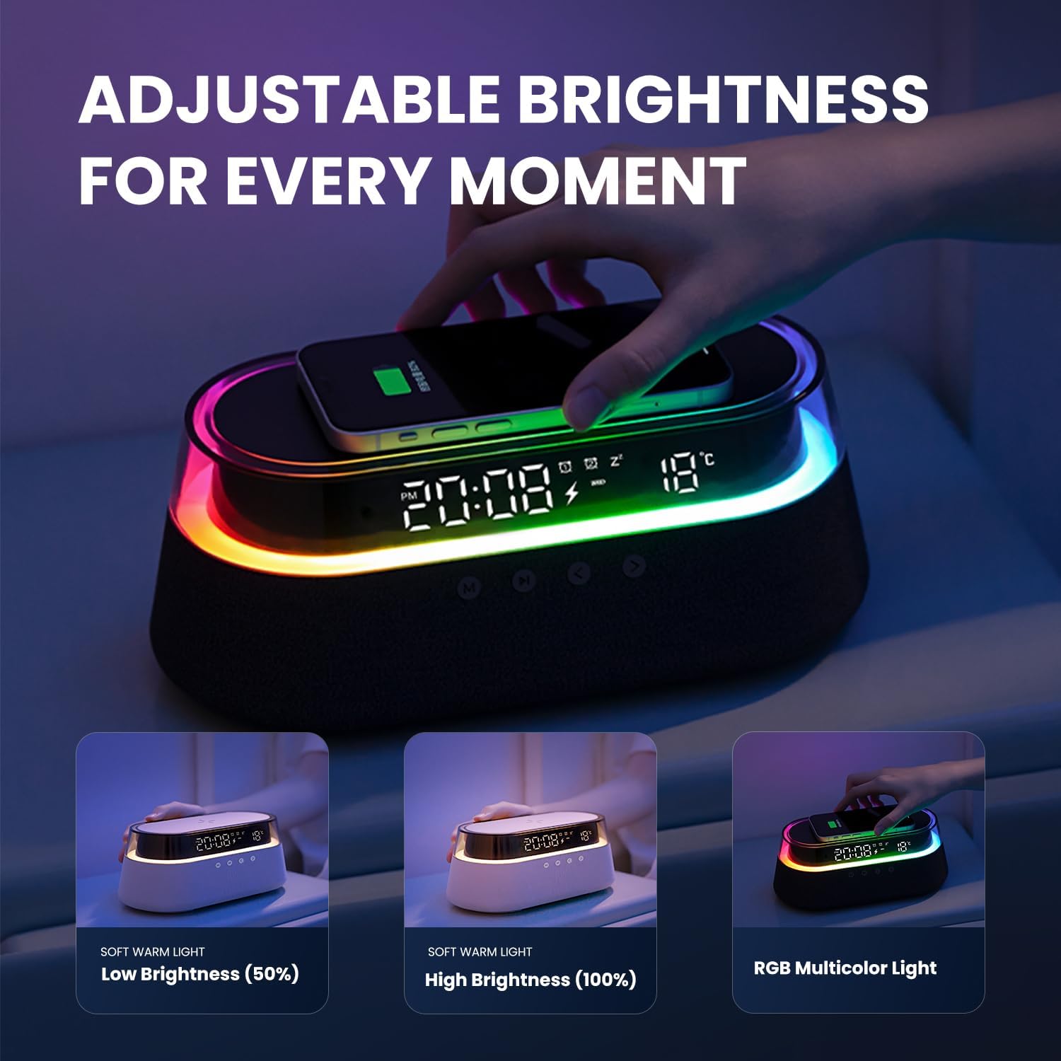6-in-1 Smart Alarm Clock with Wireless Charging and LED Light