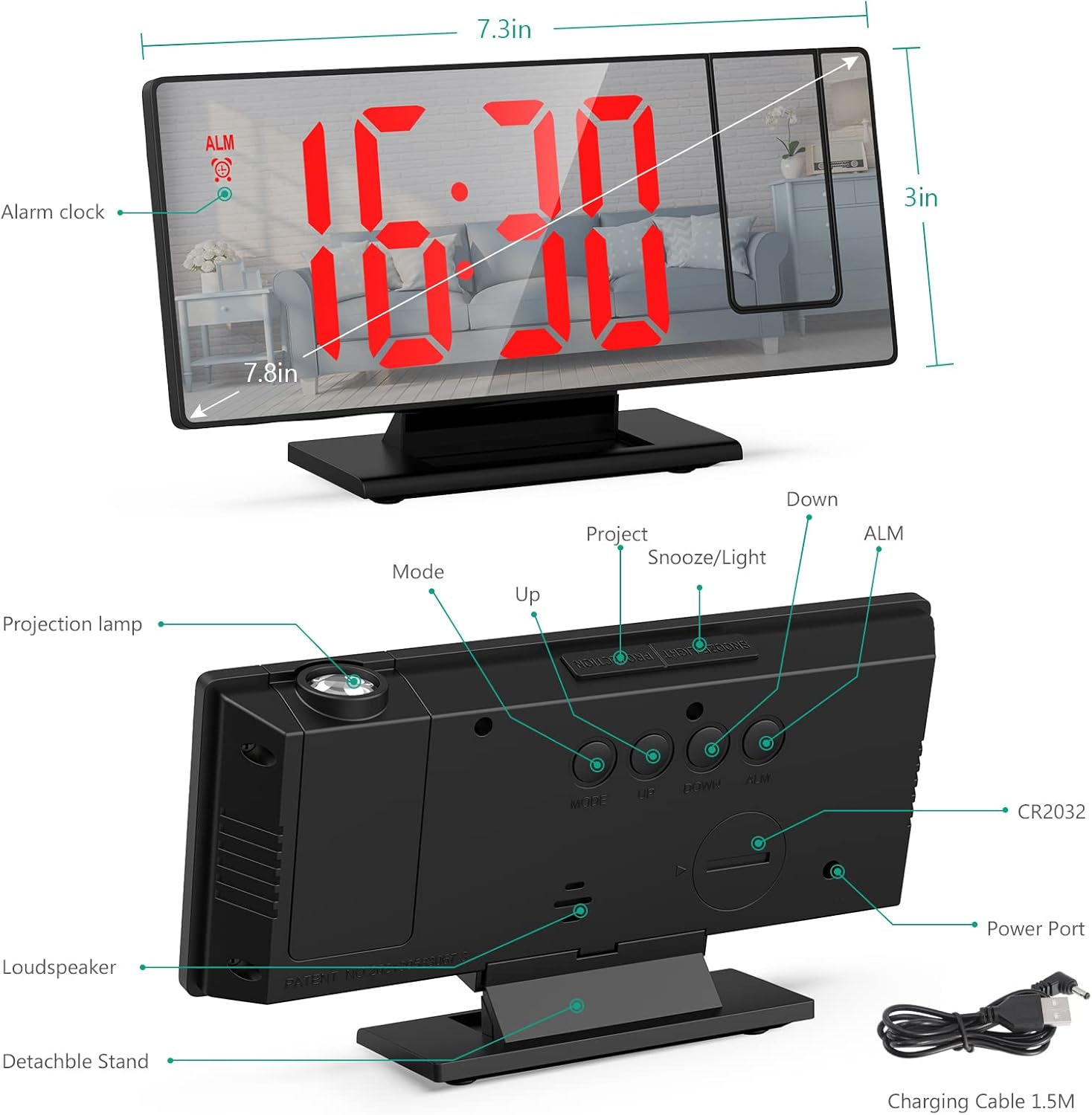 ORIA Projection Alarm Clock with LED Mirror and Snooze