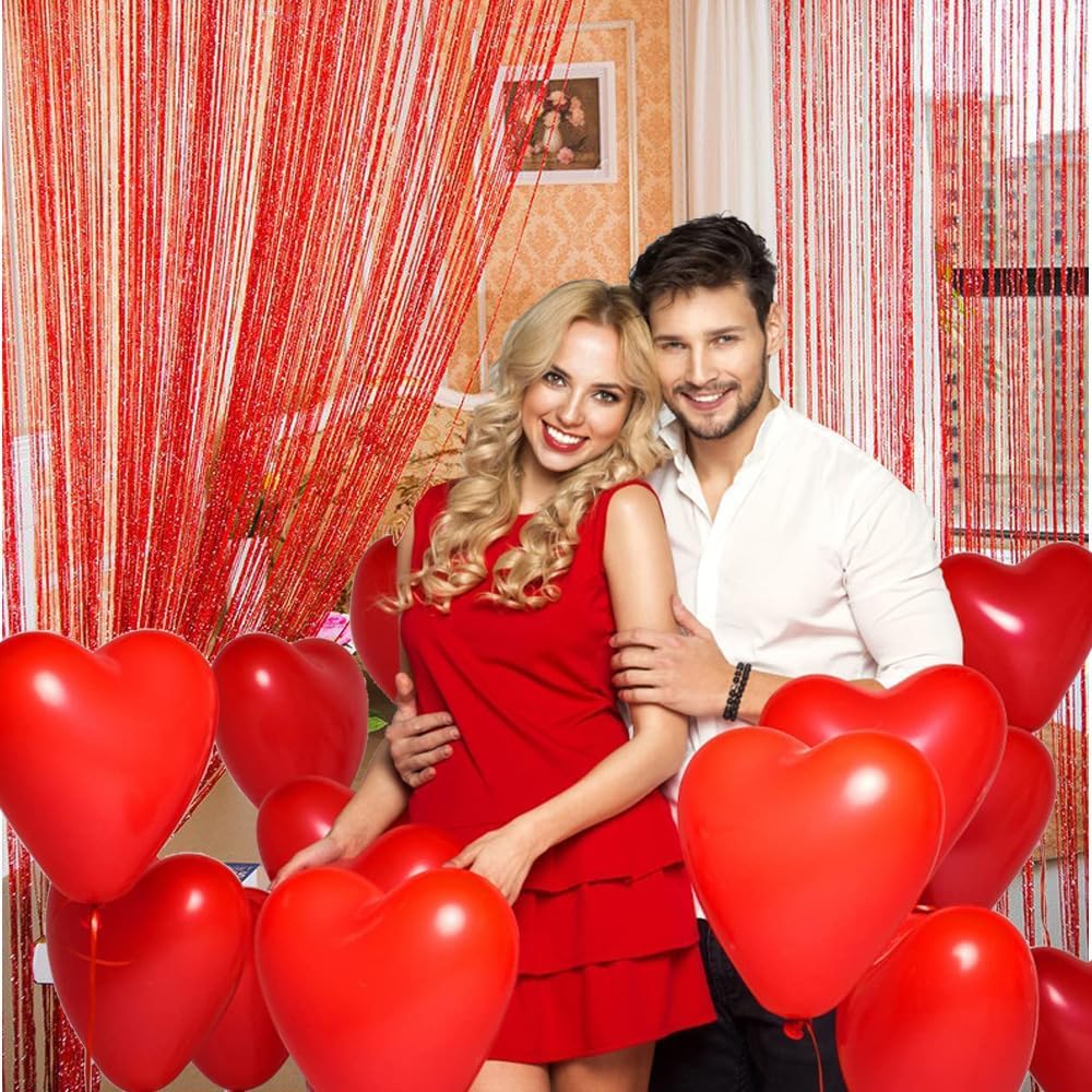 2Pack Red Romantic Curtain with Silver Ribbon