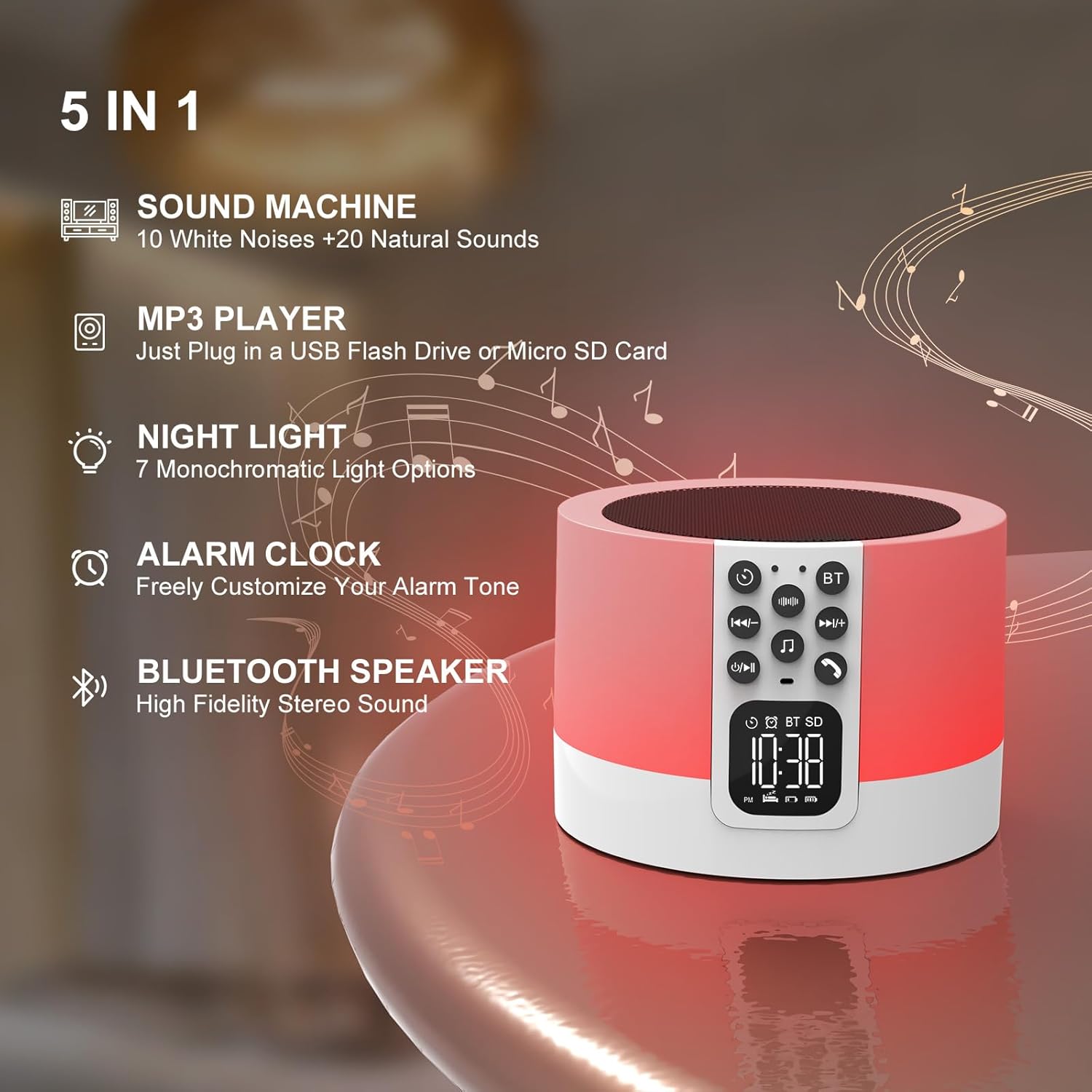 Night Light Bluetooth Speaker Alarm Clock with White Noise and RGB Light
