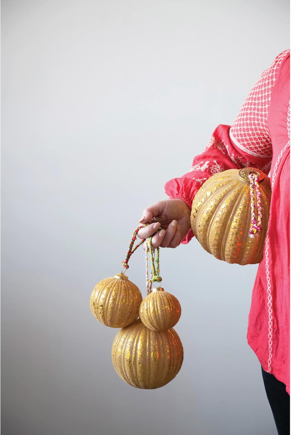 Embossed Flocked Glass Ball Ornament with Braided Sari Hanger