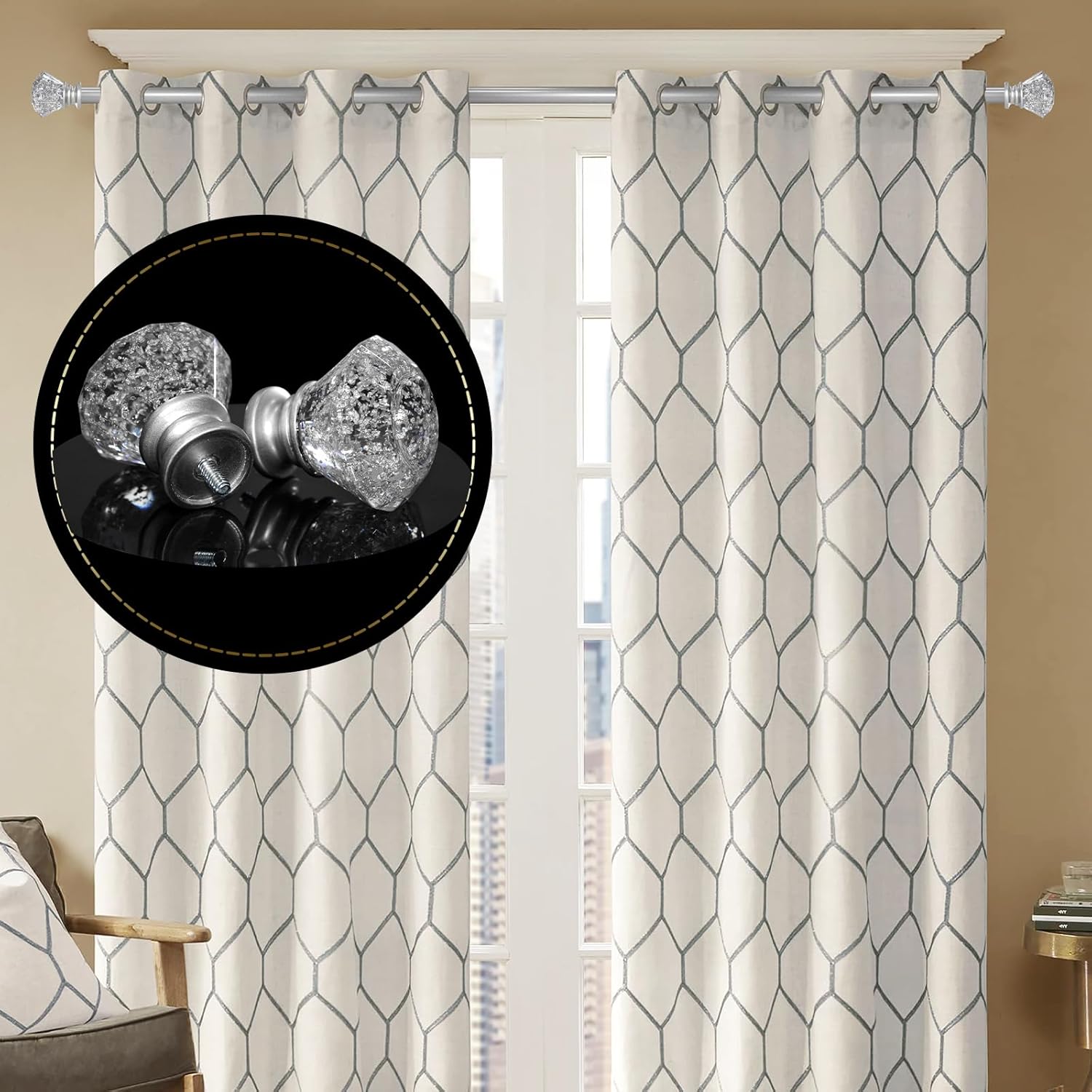 Silver Diamond Curtain Rods 36-88 Inches Adjustable Single Rod