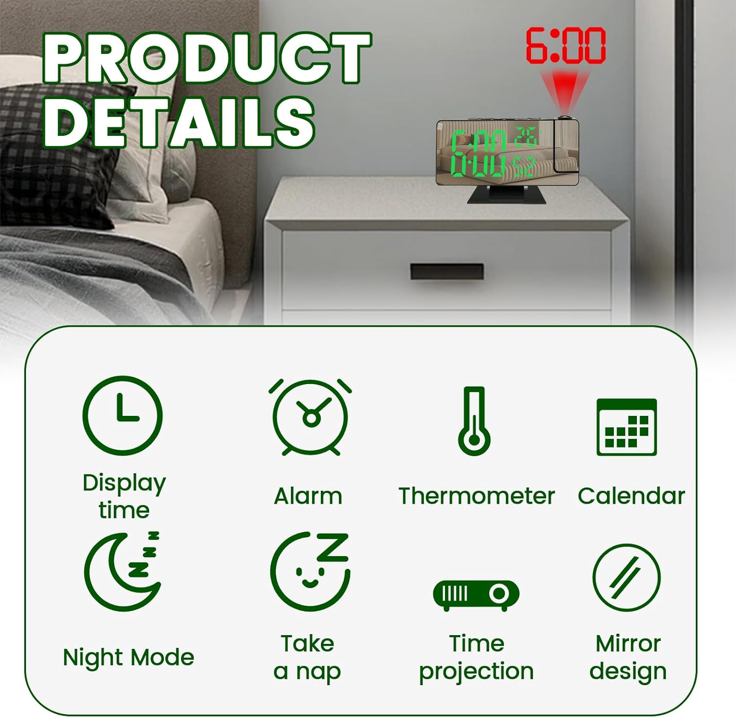 Projection Alarm Clock with Rotatable Projector and Dimmable Mirror