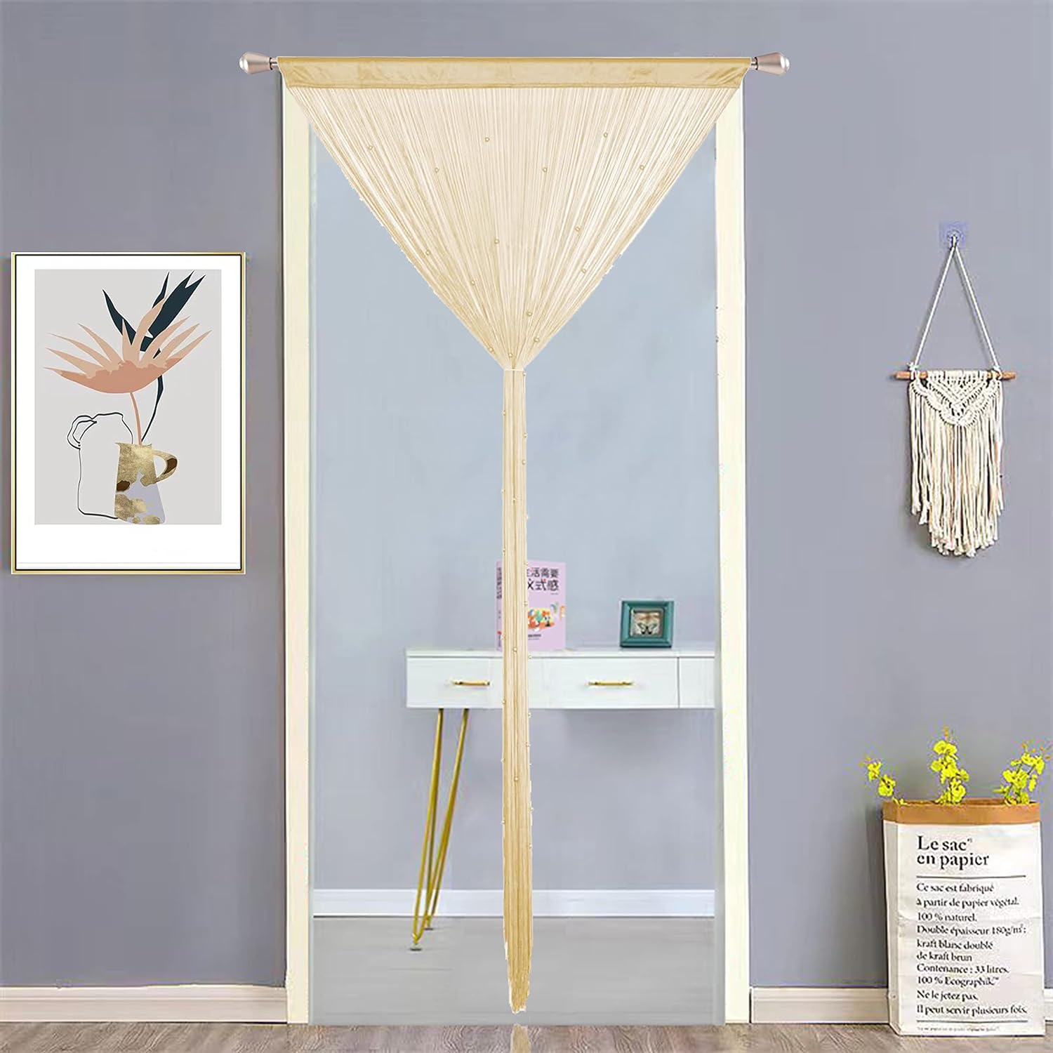Beaded Curtain Door Divider with Telescopic Rod