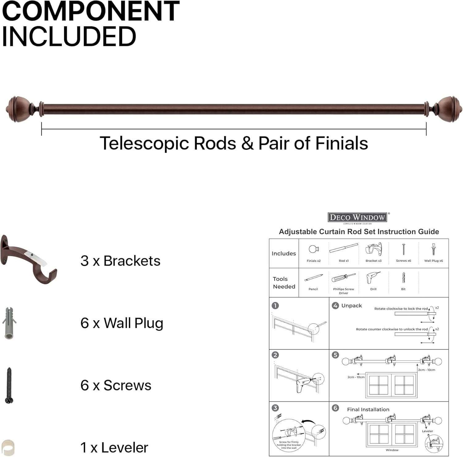 Deco Window Adjustable Brown Curtain Rod 36-66 Inches
