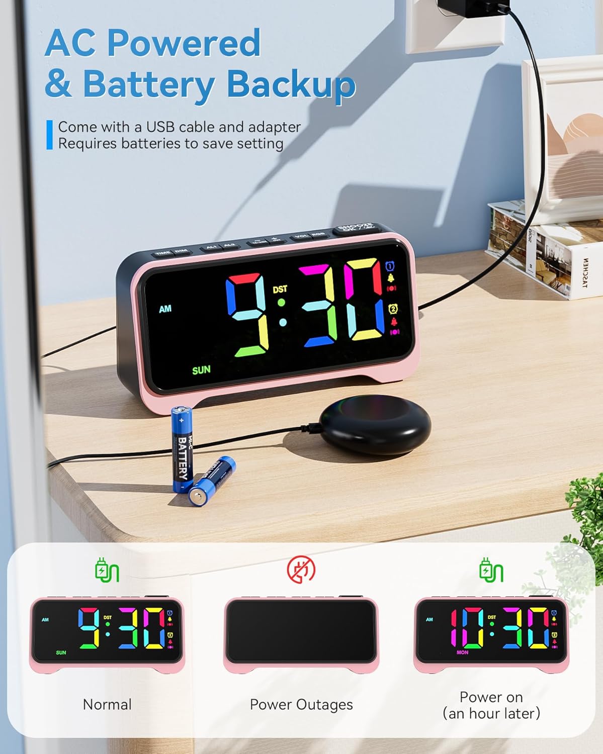 Loud Alarm Clock with Bed Shaker and Night Light