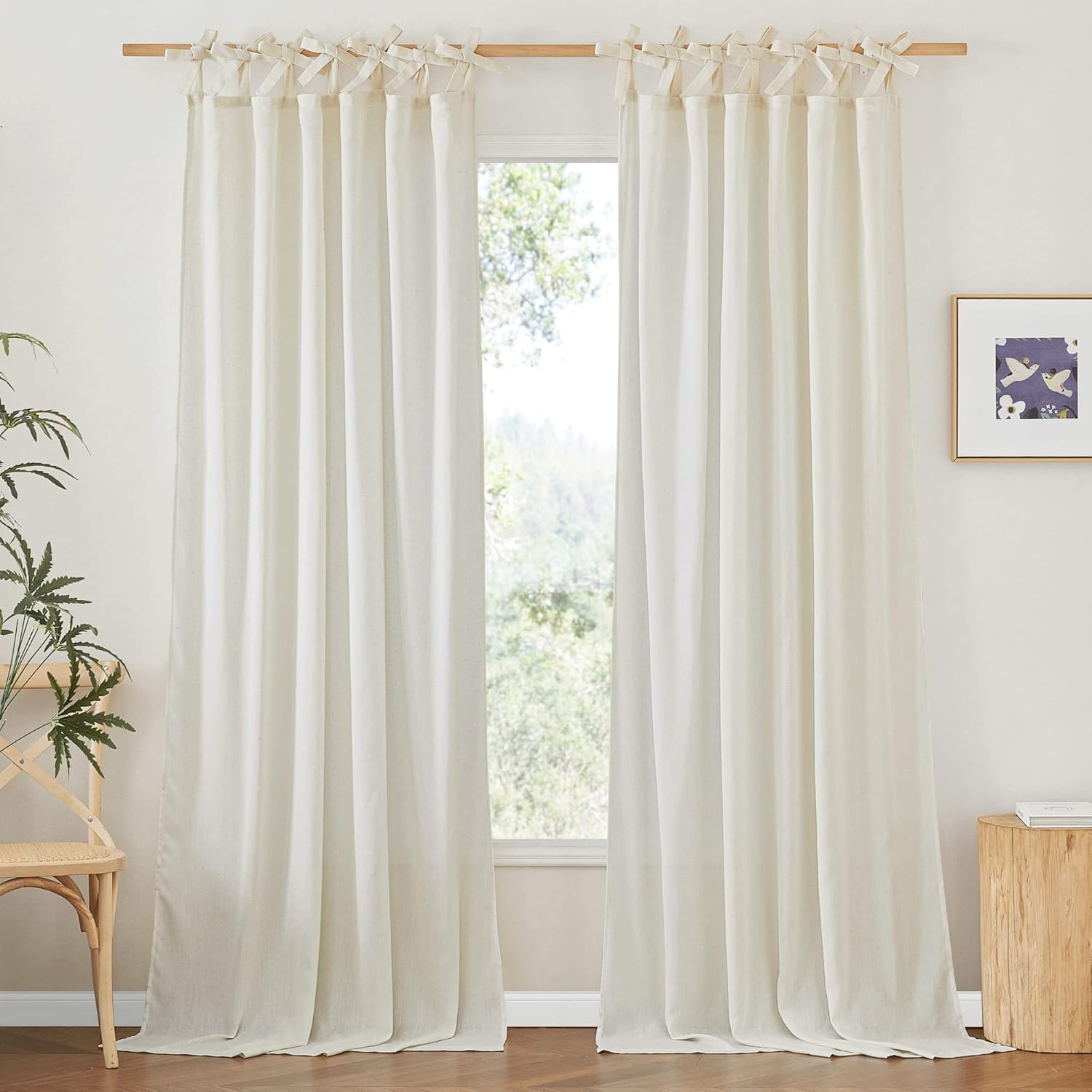 NICETOWN Off White Linen Curtain Panels 84 Inch Tie Top