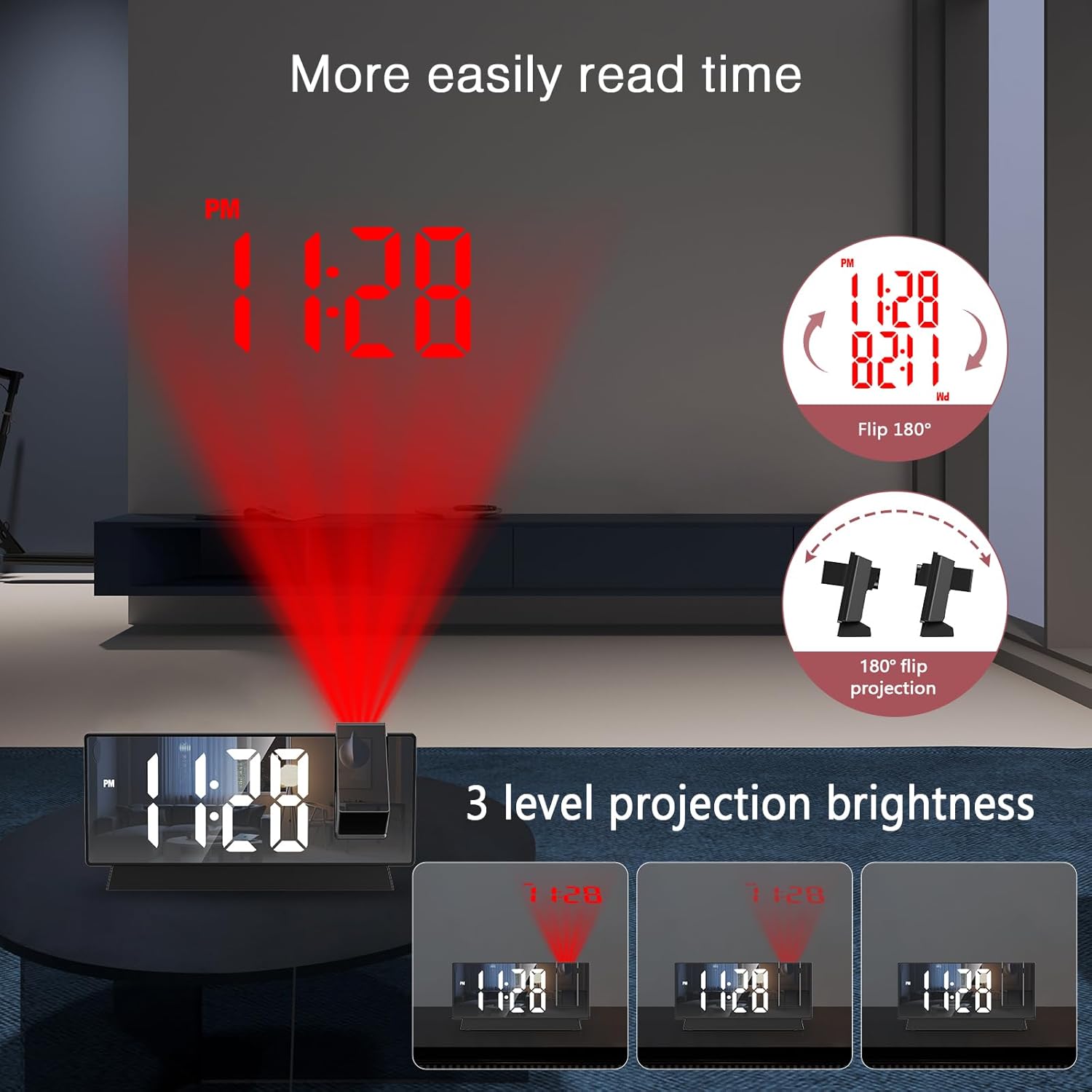 LOFICOPER 78 Inch Projection Alarm Clock with Mirror and USB Charging