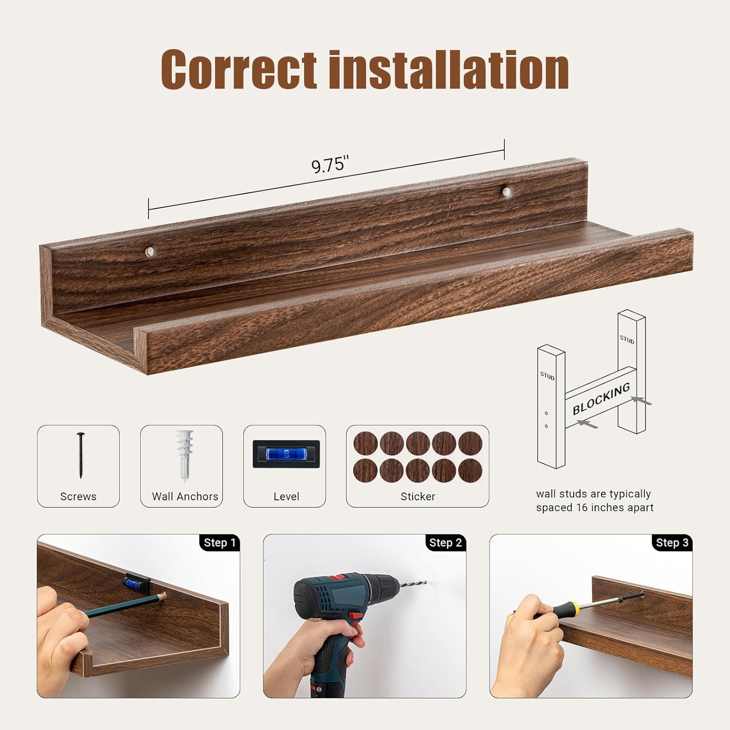16 Inch Picture Ledge Shelf Set of 8 with Lip